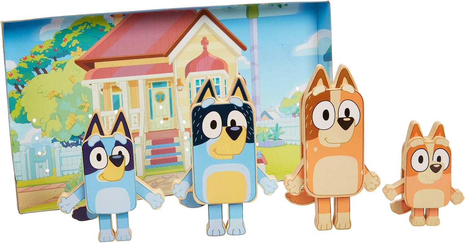 Bluey Figuras de personajes de madera  4 figuras de madera coloridas  Certificado FSC para niños de 3 años en adelante