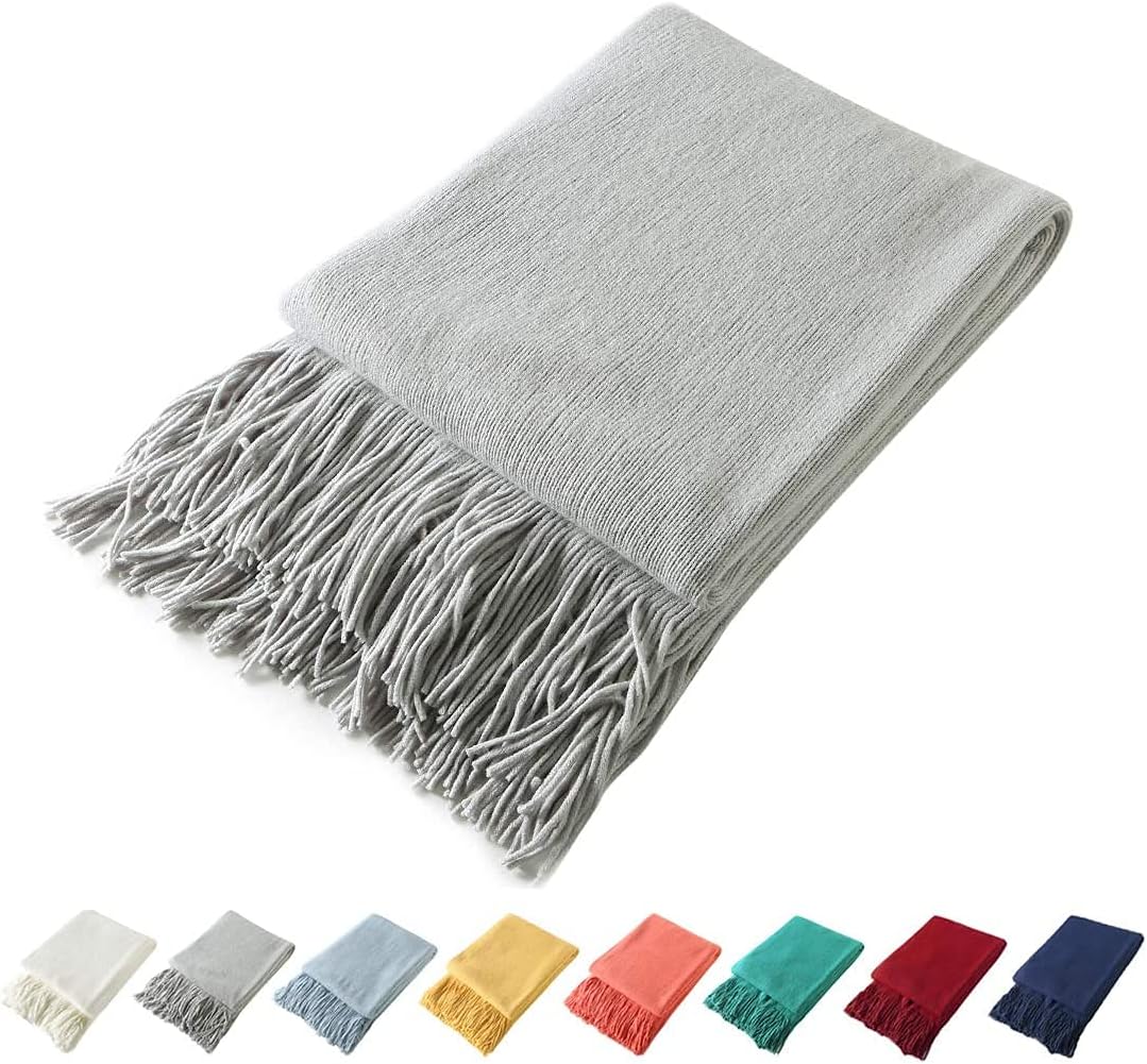 Homiest – Manta decorativa de punto con flecos, manta ligera tejida de acrílico, manta suave y acogedora con borlas para sofá, sillón, cama (gris