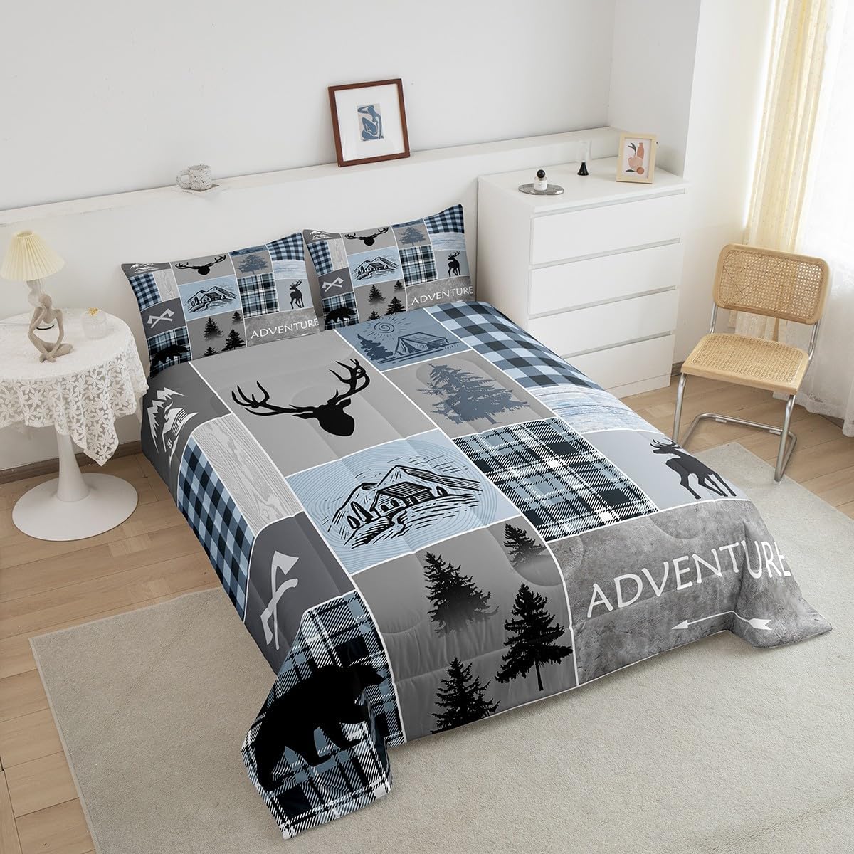 Juego de edredón de cabaña, juego de ropa de cama rústica de oso y ciervo, tamaño matrimonial para niños, adolescentes y adultos, edredón de