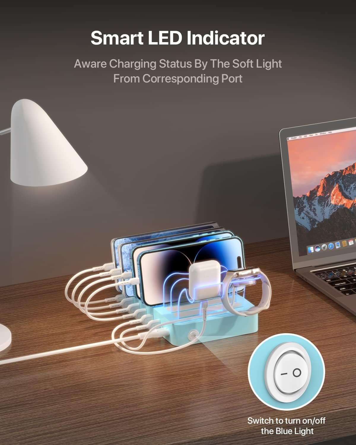 SooPii Estación de carga PD de 60 W y 6 puertos para múltiples dispositivos, 20 W PD USB C carga rápida para lPhone 141312, 6 cables cortos