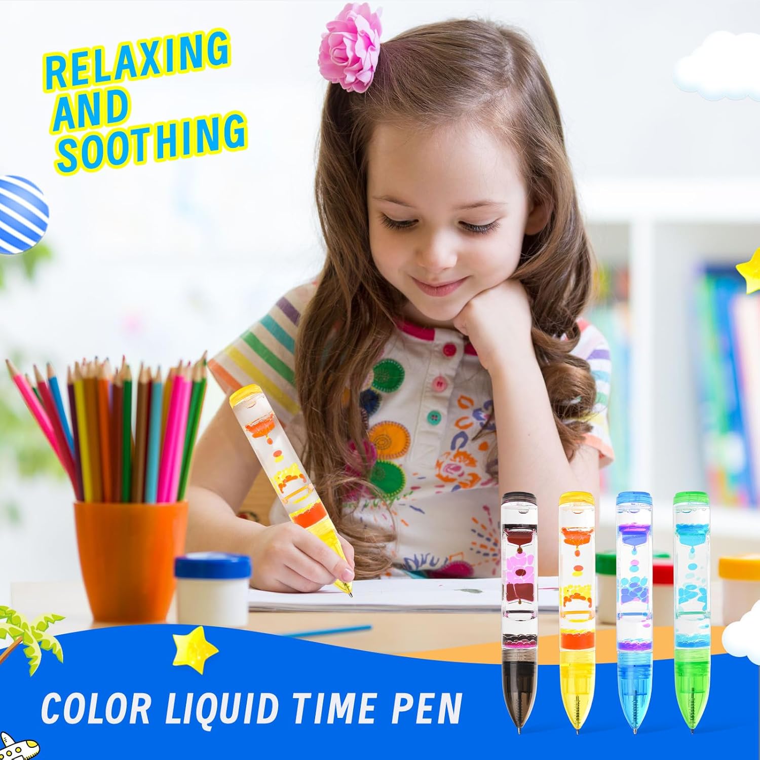 Liquid Motion Bubbler – Juego de 4 bolígrafos coloridos para ansiedad para niños y adultos, bolígrafo temporizador líquido para aliviar el estrés,