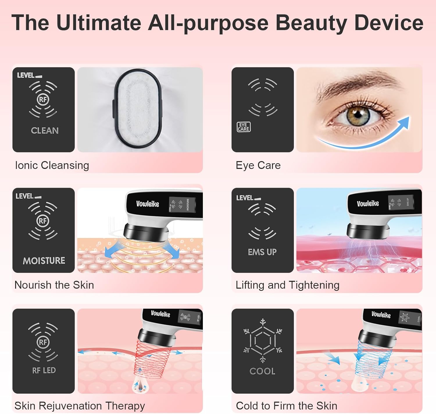 Dispositivo facial Microcurrente, Vowleike 10 beneficios clave para el cuidado de la piel masajeador facial con soporte, herramienta facial