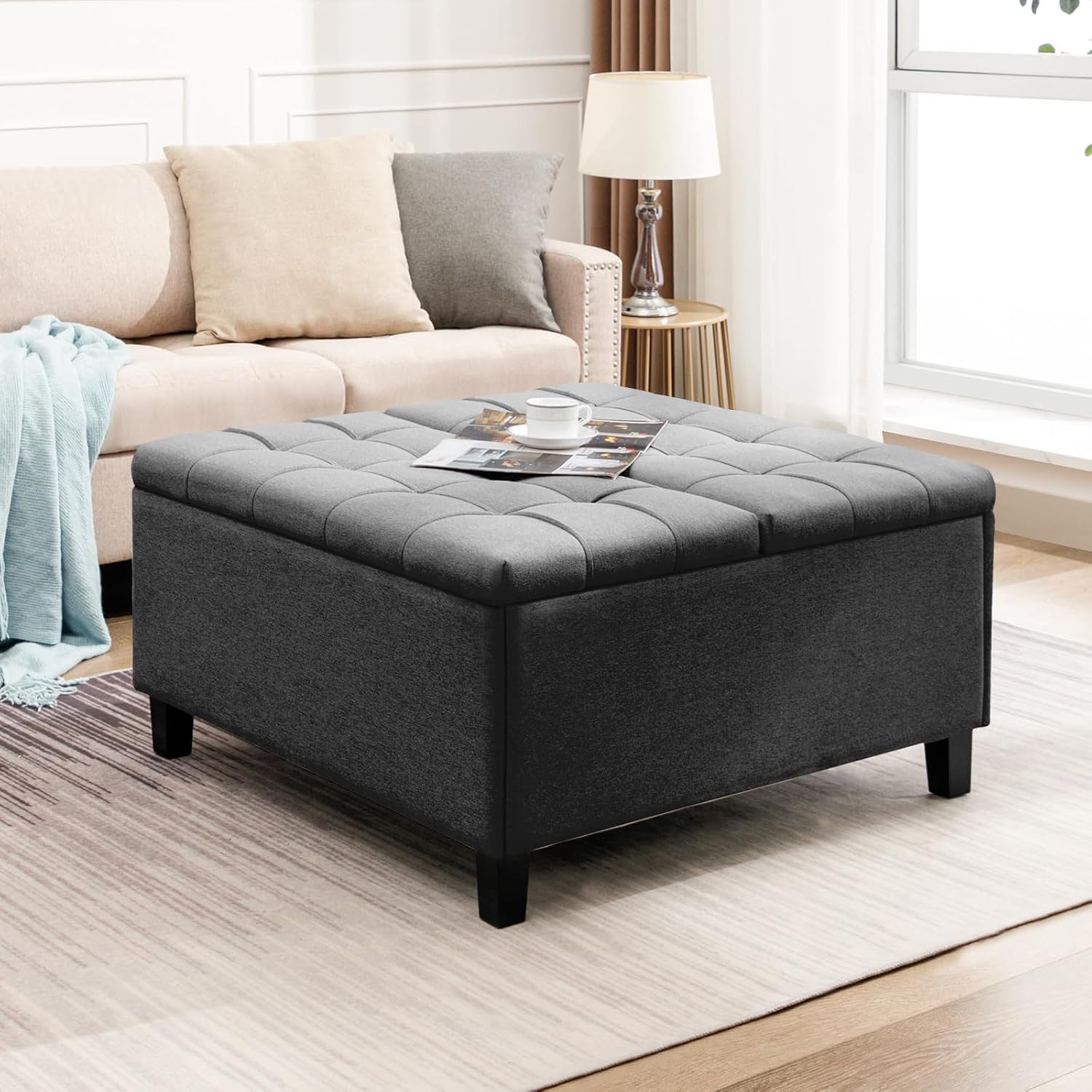 Mesa de centro otomana con elevador, otomana cuadrada con almacenamiento, tela de lino y patas de madera, reposapiés tapizado con asiento acolchado