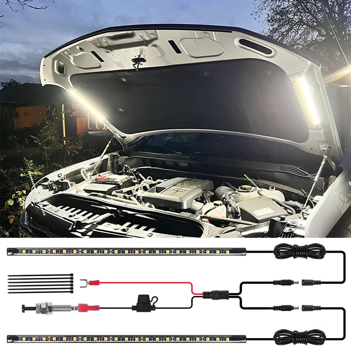 GreceYou Kit de luz LED 2 en 1 debajo del capó, barra de luz LED impermeable de 12 V para automóvil, luces de trabajo bajo el capó con