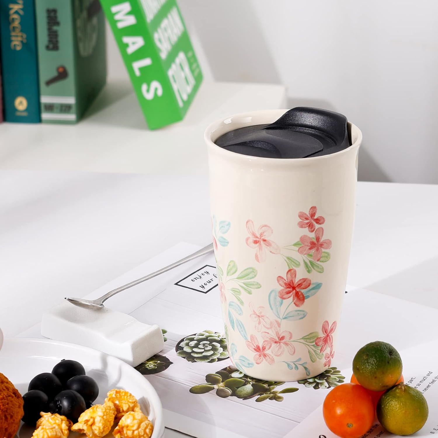 ANTIS’S HOME Taza de viaje de cerámica con tapa, taza de café de doble pared con patrón de flores, vaso de café de 10 onzas, taza alta reutilizable,