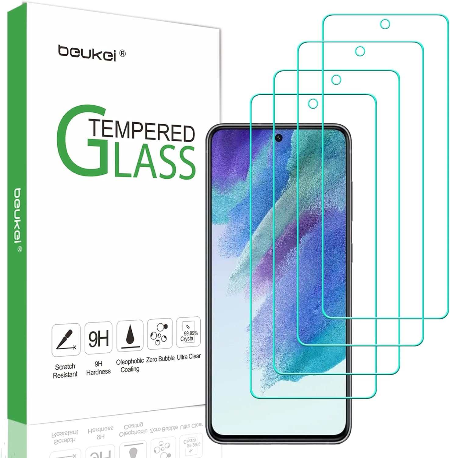 beukei (4 unidades) Compatible con Samsung Galaxy S21 FE 5G  Galaxy S21 FE (solo modelo FE), protector de pantalla de vidrio templado, sensible al