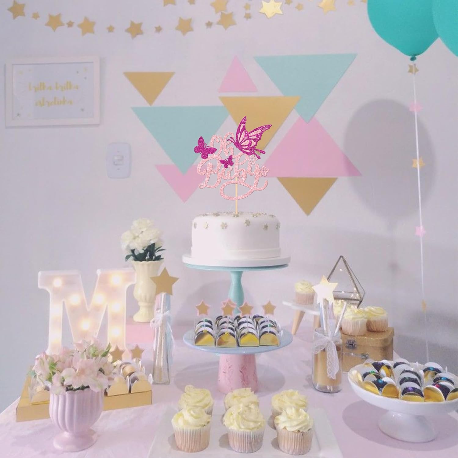 1 pieza de decoración de pastel de mariposa Oh Baby con purpurina para baby shower, mariposa para revelación de género, baby shower, fiesta de
