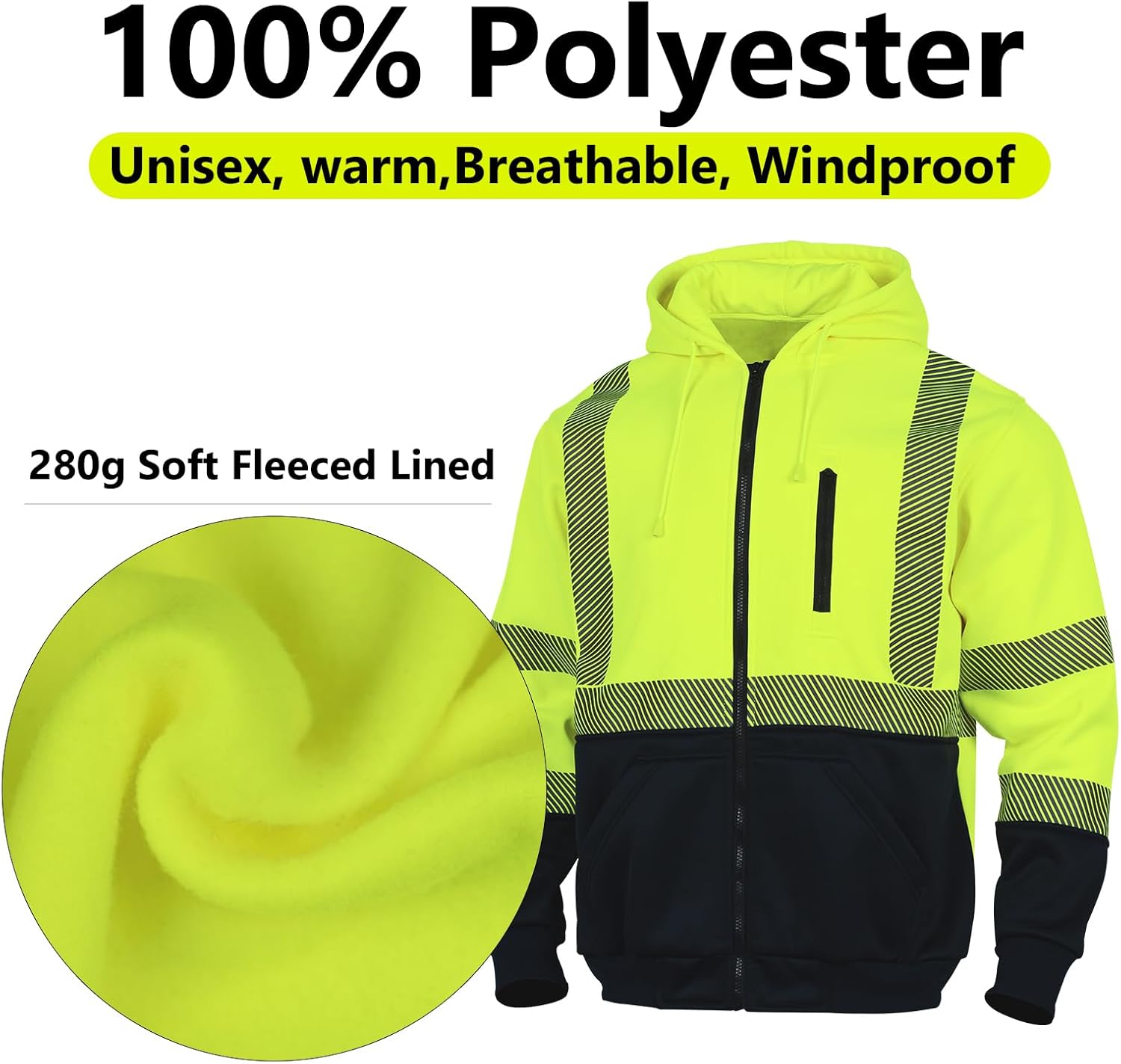 Alta visibilidad ANSI Clase 3 Reflectante de Seguridad Fleece Sudadera con capucha para hombres Hi Vis Sudaderas Chaqueta con cremallera