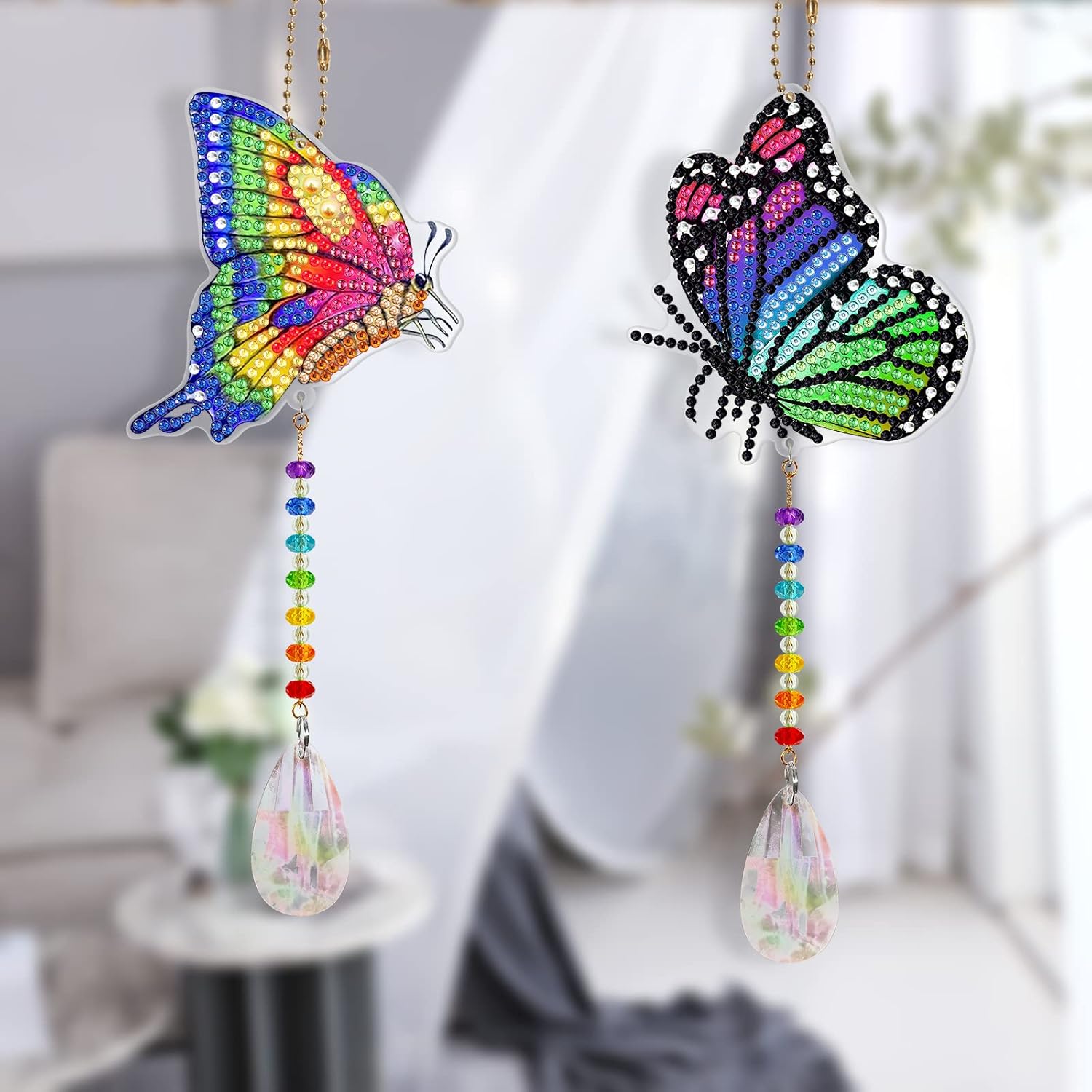 DIY – Juego de 2 piezas de pintura de diamantes de mariposa colorida 5D para adultos, arte de diamantes de mariposa de cristal, adorno colgante para