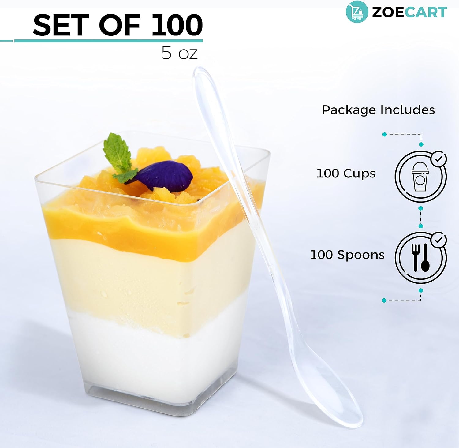 Paquete de 100 tazas y cucharas de postre de plástico de 5 onzas, tazas de parfait transparentes, mini tazas de postre con cucharas, tazas cuadradas