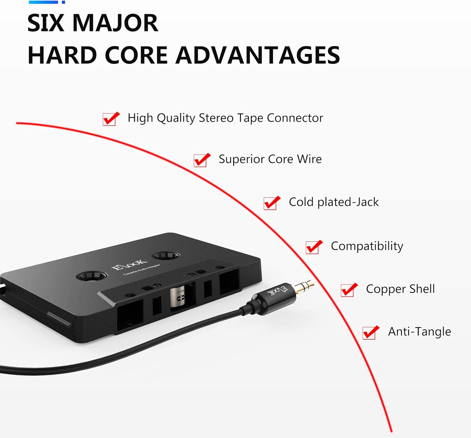 Elook Kit de adaptador auxiliar de casete para coche, incluye un smartphone a adaptador de conector de auriculares de 0.138 in, color negro