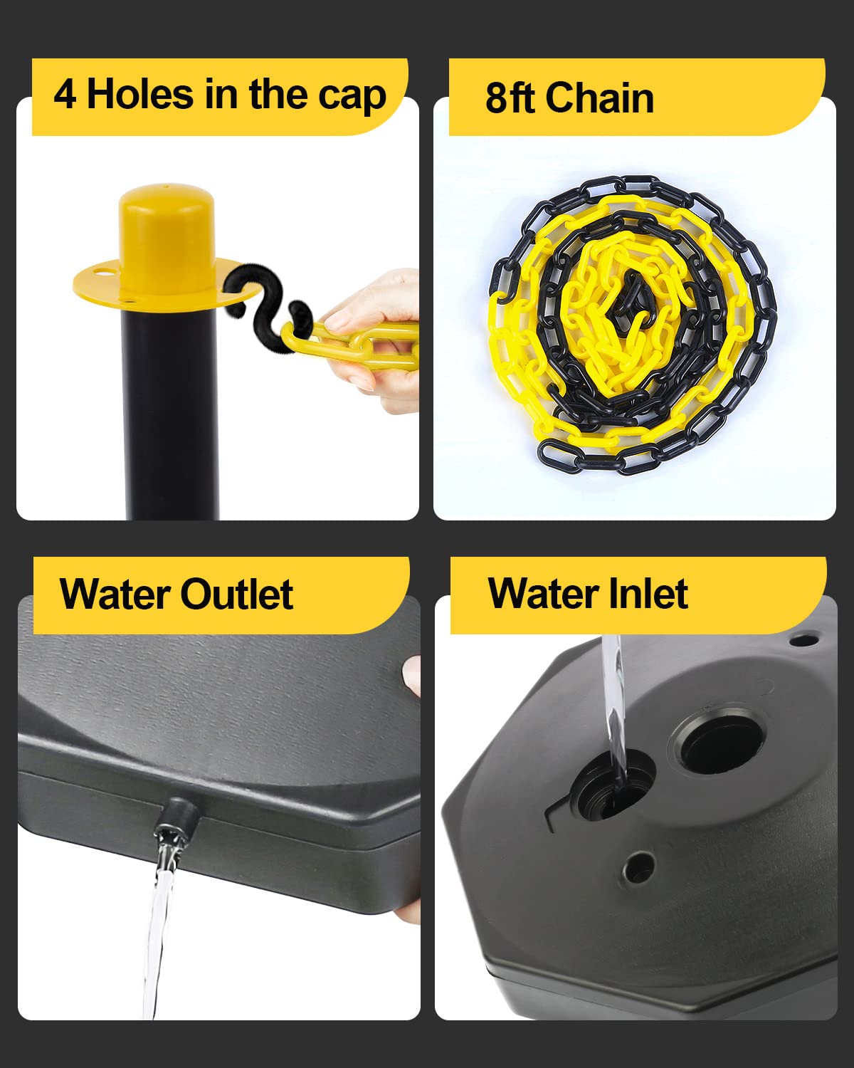 Paquete de 4 conos de delineador de tráfico con base rellenable, barrera de seguridad de tráfico expandible con cadena de plástico de 8 pies, conos