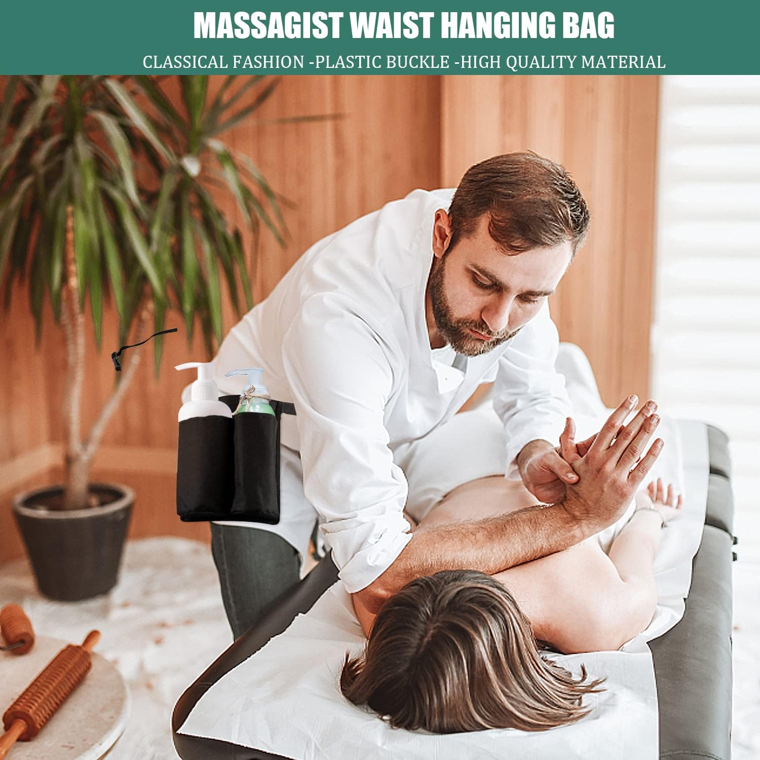 Pacify Funda de masaje con 2 bolsillos, bolsa de botella de aceite ajustable para loción de masaje para terapeuta