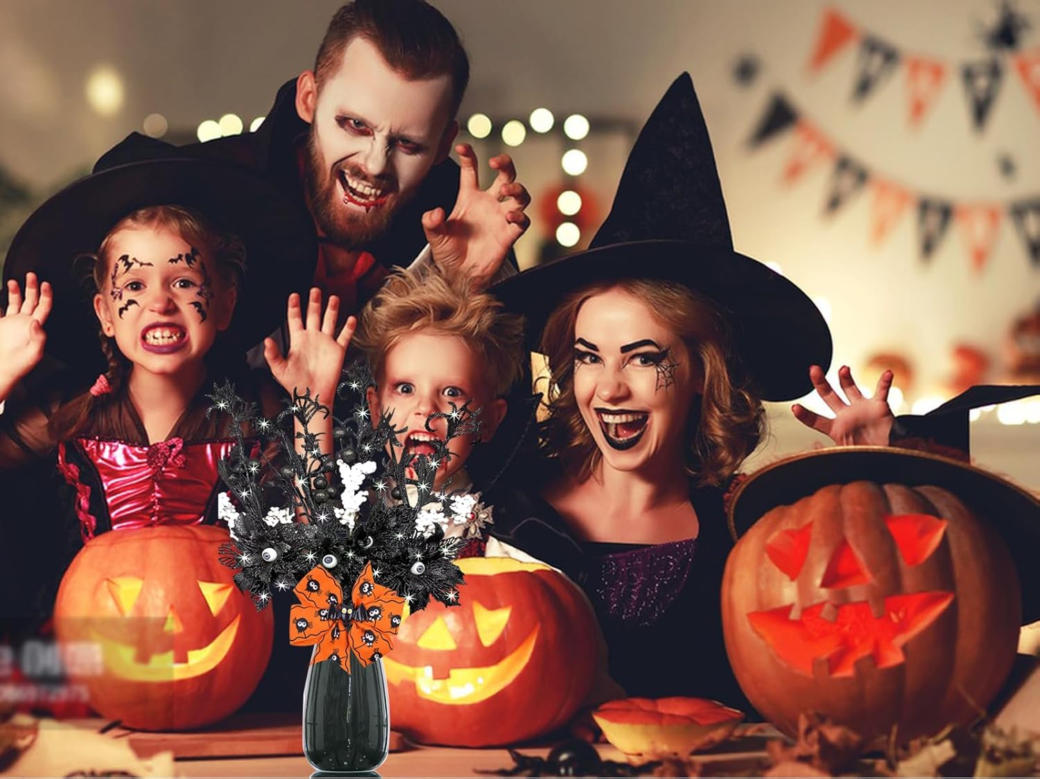 4 piezas de flores artificiales negras con purpurina de Halloween, murciélagos, ojos del diablo, tallos artificiales de ojos encantados, decoración