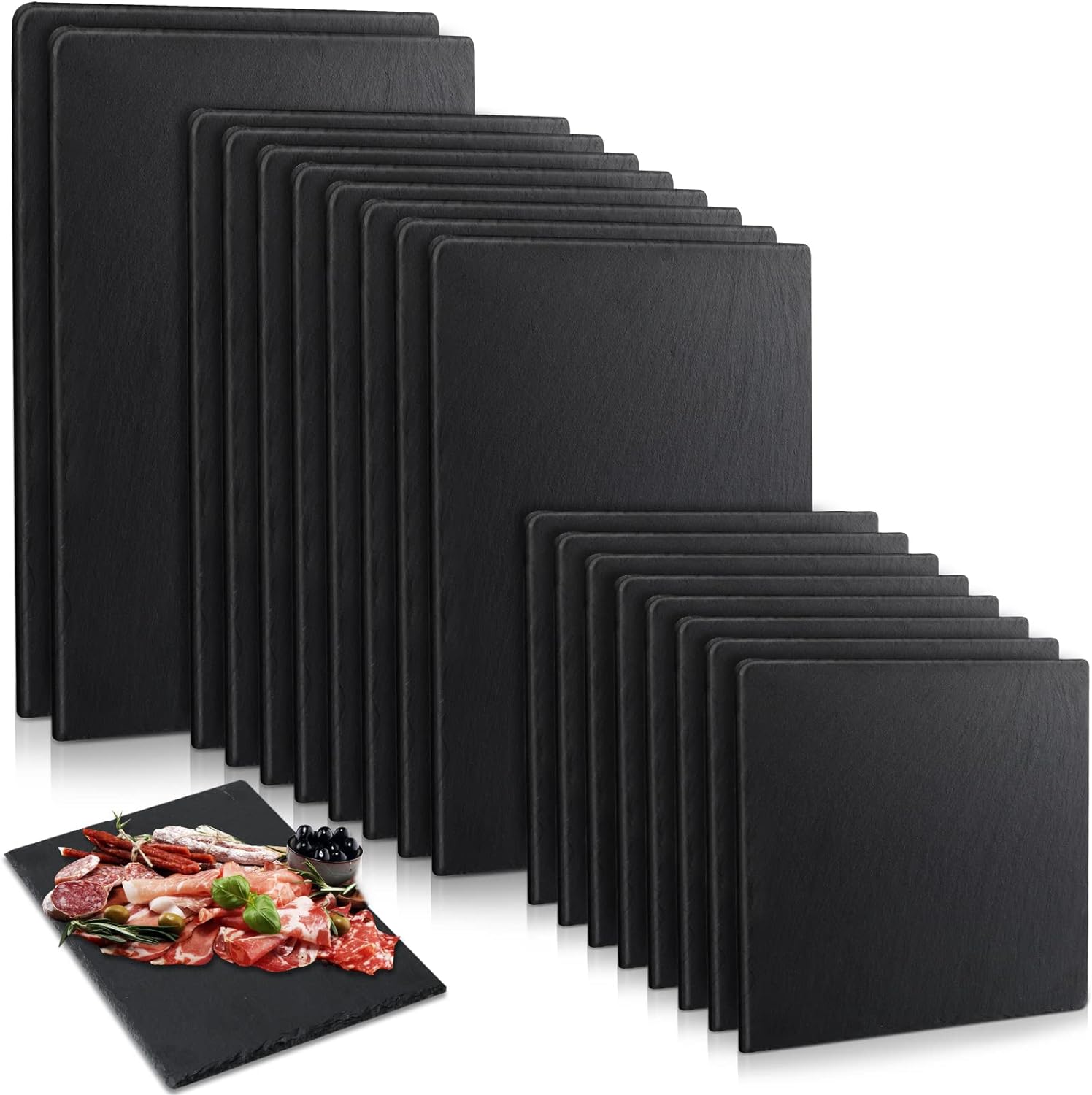 Didaey Juego de 18 tablas de pizarra negra para queso, platos de piedra para sushi, bandeja de queso de pizarra individual para Navidad, cortar,