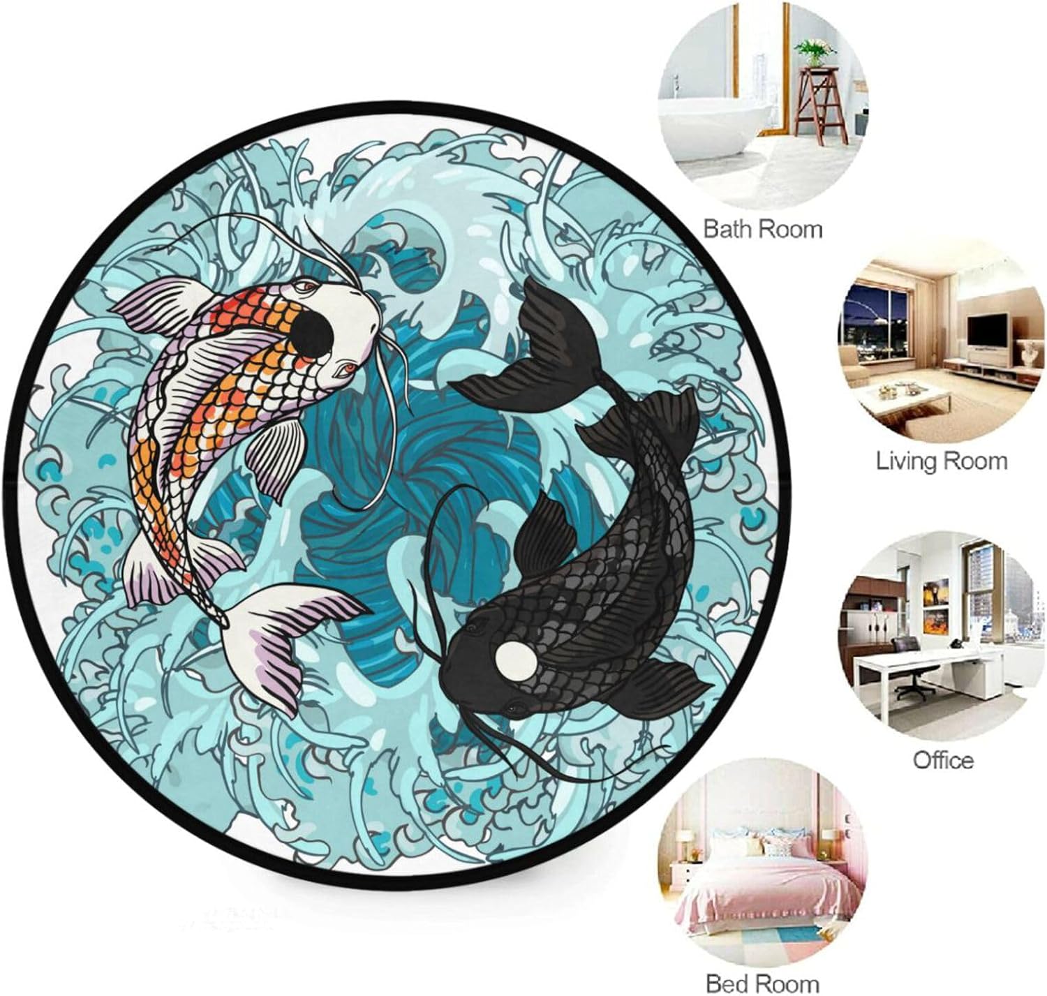 Realisti – Alfombra redonda de dos carpas Koi, de 3 pies, lavable, para dormitorio, sala de estar, ondas de agua, alfombra circular Yin Yang,
