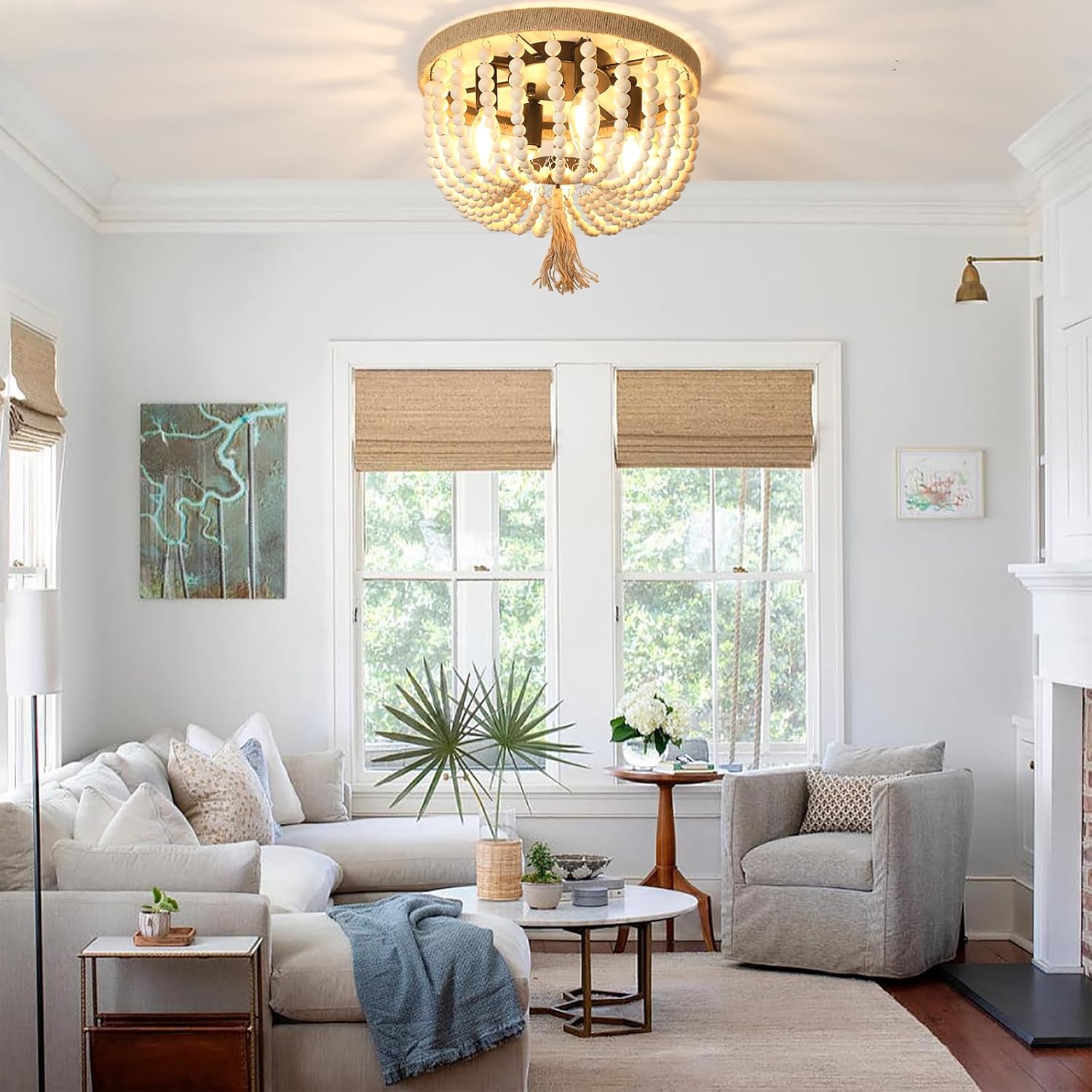 Lámpara de techo bohemia con cuentas de madera, 4 luces de roble blanco, estilo bohemio, para dormitorio, pasillo, entrada, cuarto de bebé, pasillo,