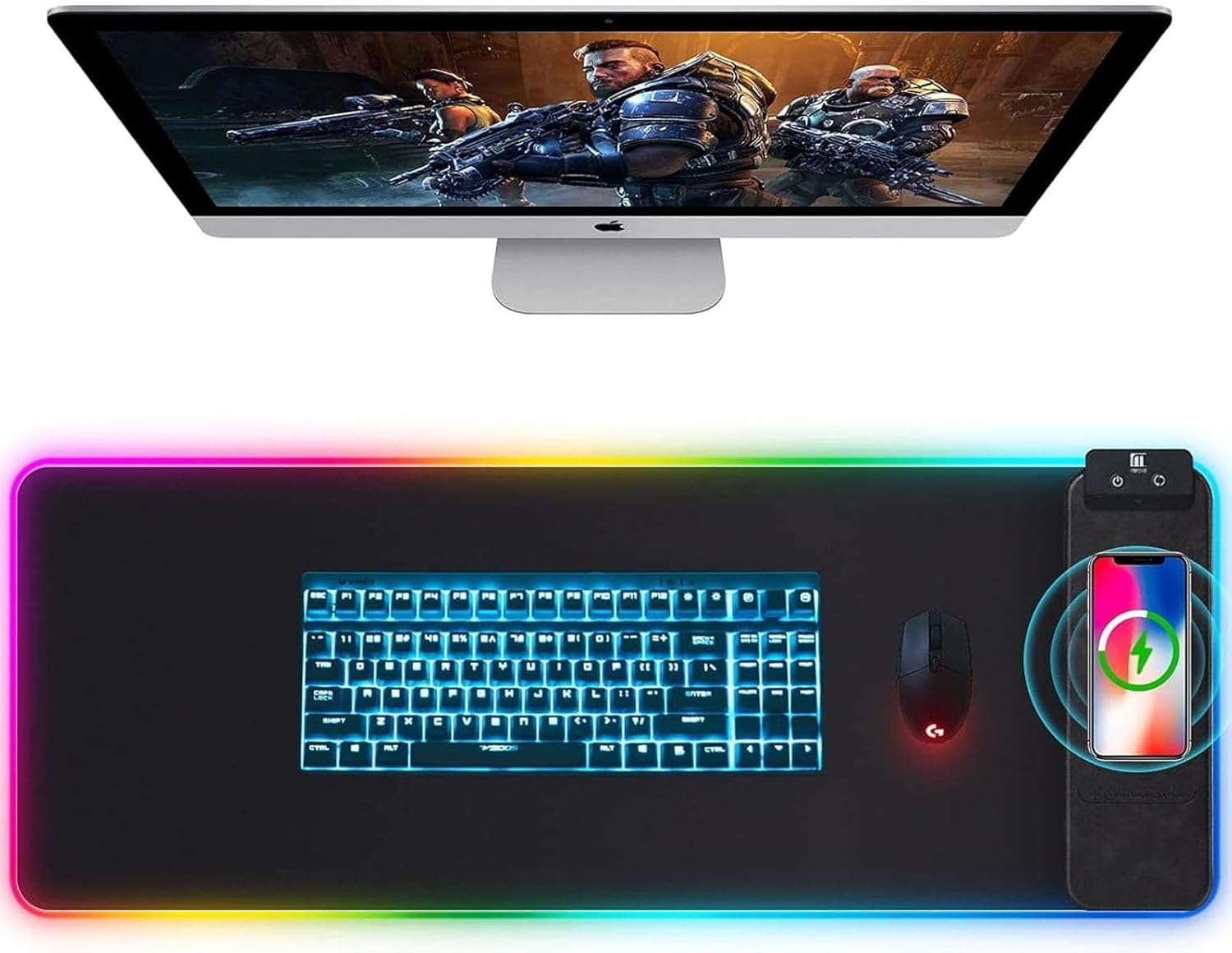 Alfombrilla de mouse LED, alfombrilla de mouse para juegos con carga inalámbrica, alfombrilla de escritorio grande, 10 colores de luz RGB,