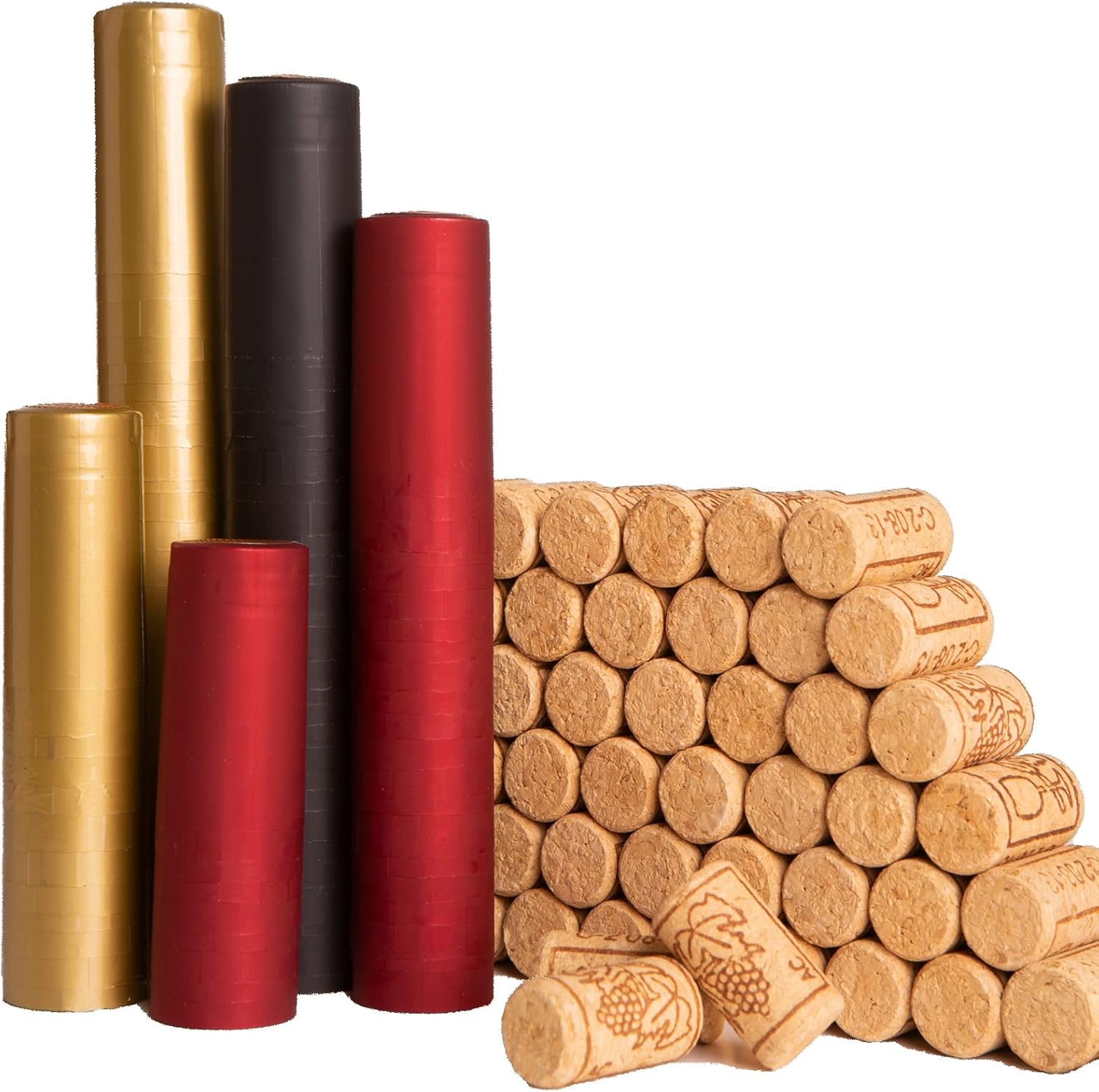 Paquete de 200 tapones para botellas de vino y cápsulas termorretráctiles de PVC, 100 corchos de vino naturales y 100 sellos de 3 colores (rojo,