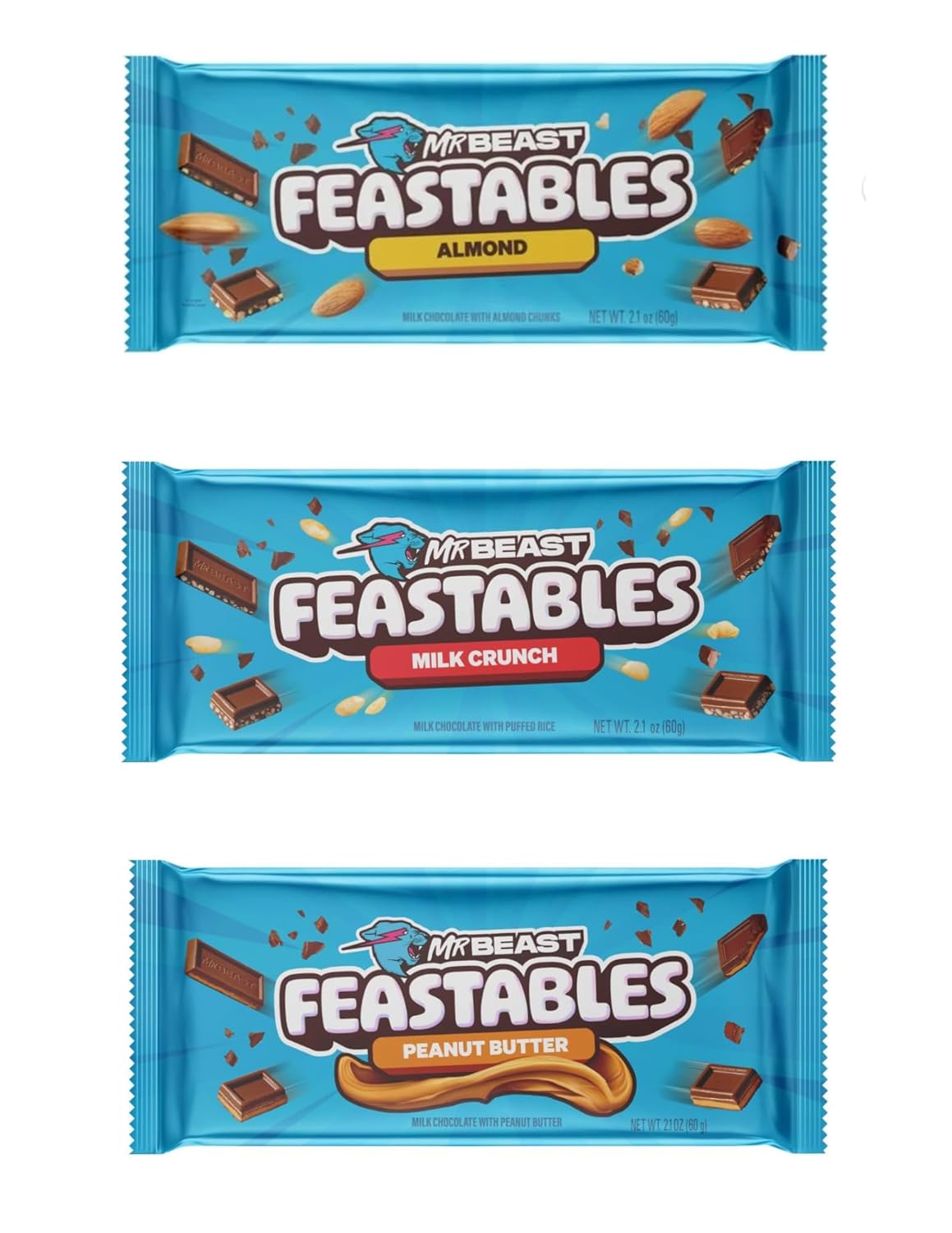 Feastables Beast Bar – Barra de chocolate con leche con mantequilla de maní, chocolate con leche y almendras, chocolate con leche crujiente (3
