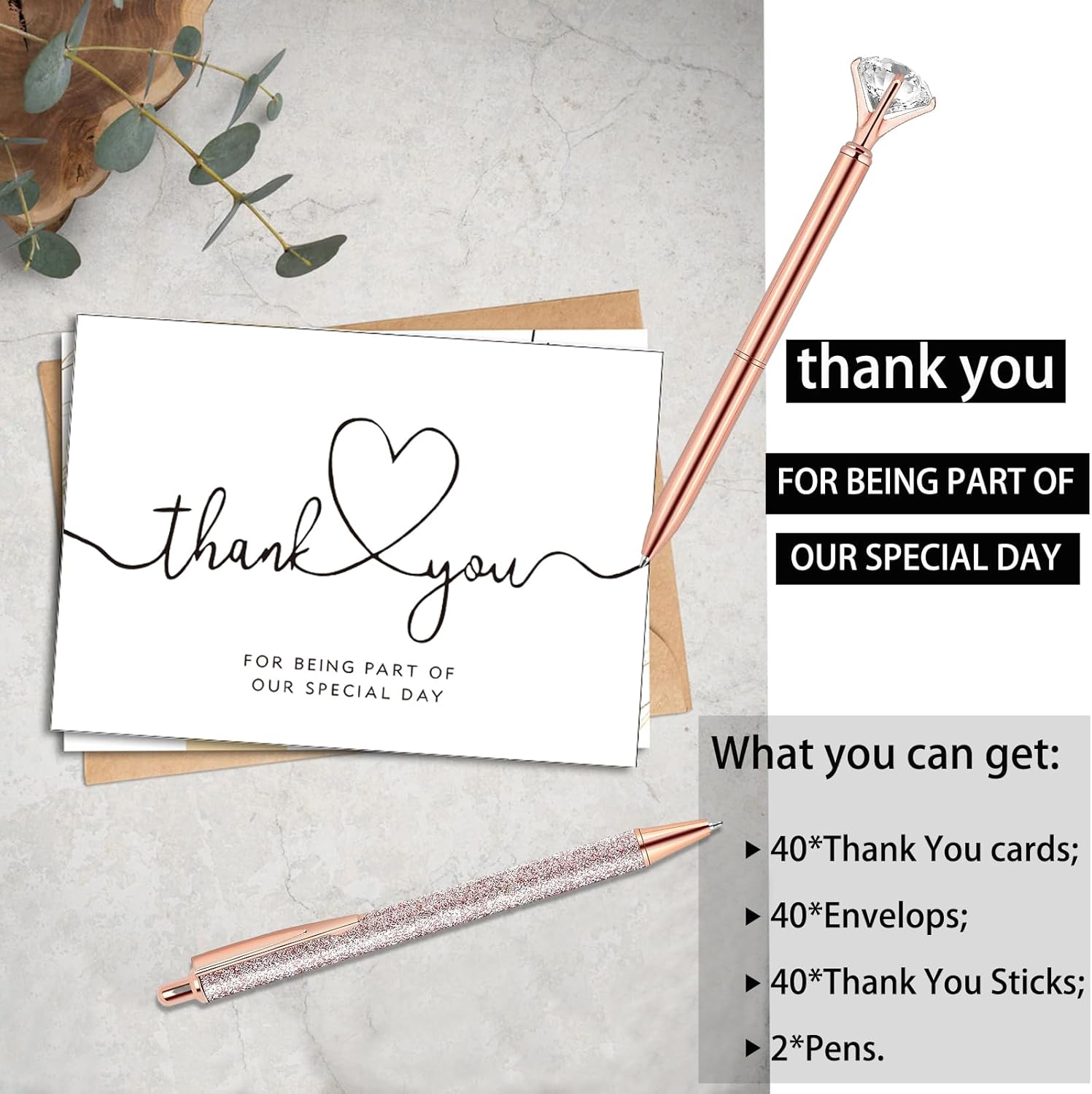 Tarjetas de agradecimiento con sobres y calcomanías a juego, paquete de 40 tarjetas de agradecimiento de boda, paquete a granel de 40 unidades,