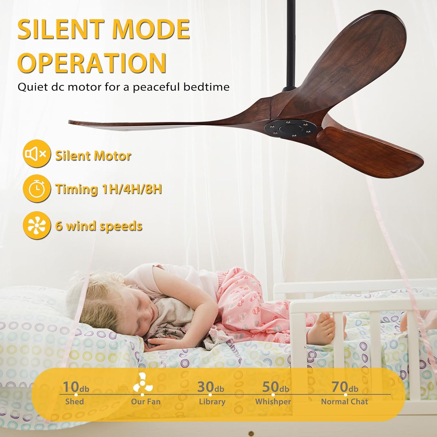 YKXONFA Ventiladores de techo de madera maciza sin luz, ventilador de techo moderno de nogal de 52 pulgadas para interiores y exteriores, con 6