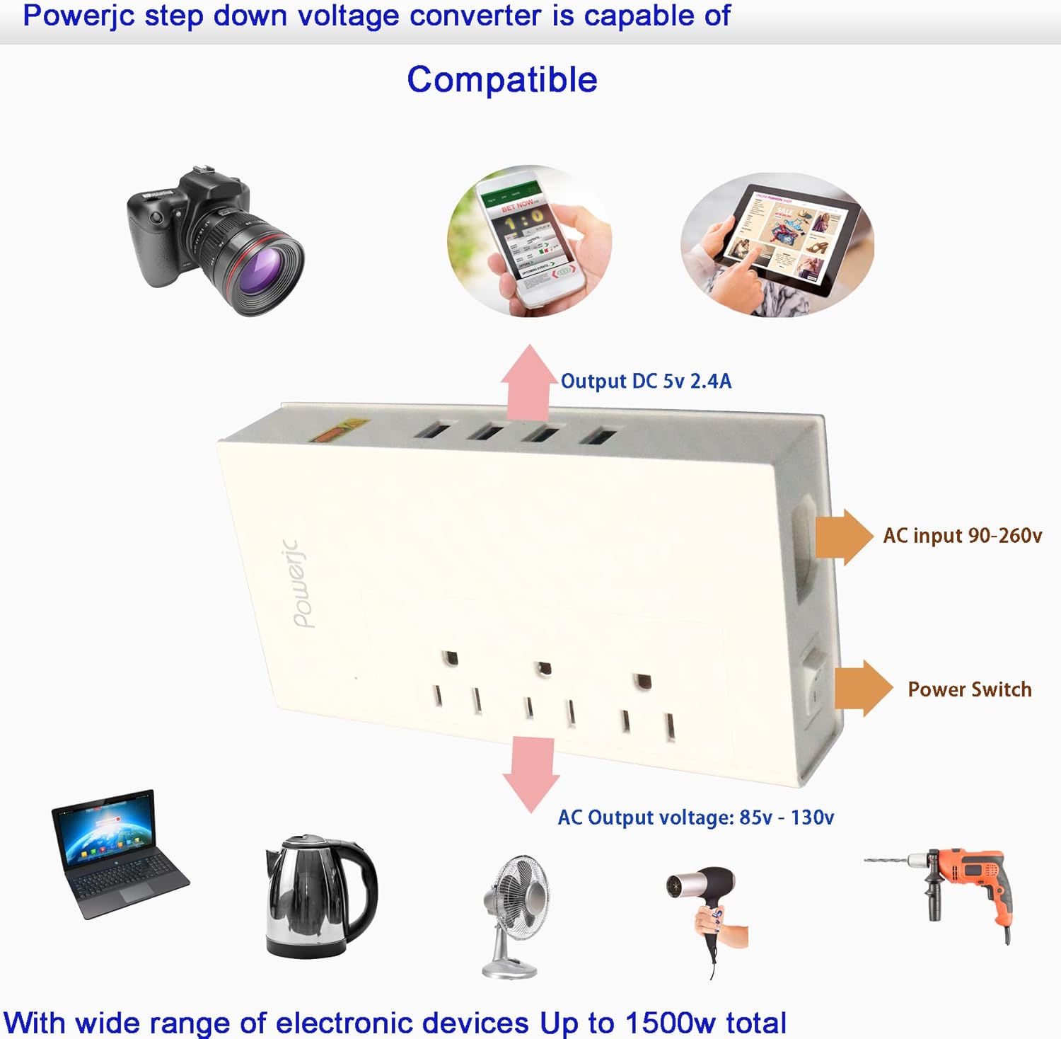 Powerjc – Convertidor de voltaje de viaje, adaptador de corriente reductor de 220 V a 110 V, potencia nominal 1500 con 4 puertos de carga USB