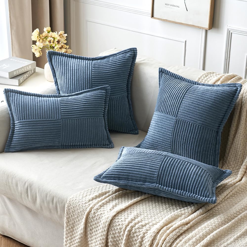 MIULEE Juego de 2 fundas de almohada de pana azul de 18 x 18 pulgadas con empalme, fundas de almohada súper suaves de rayas bohemias decorativas con