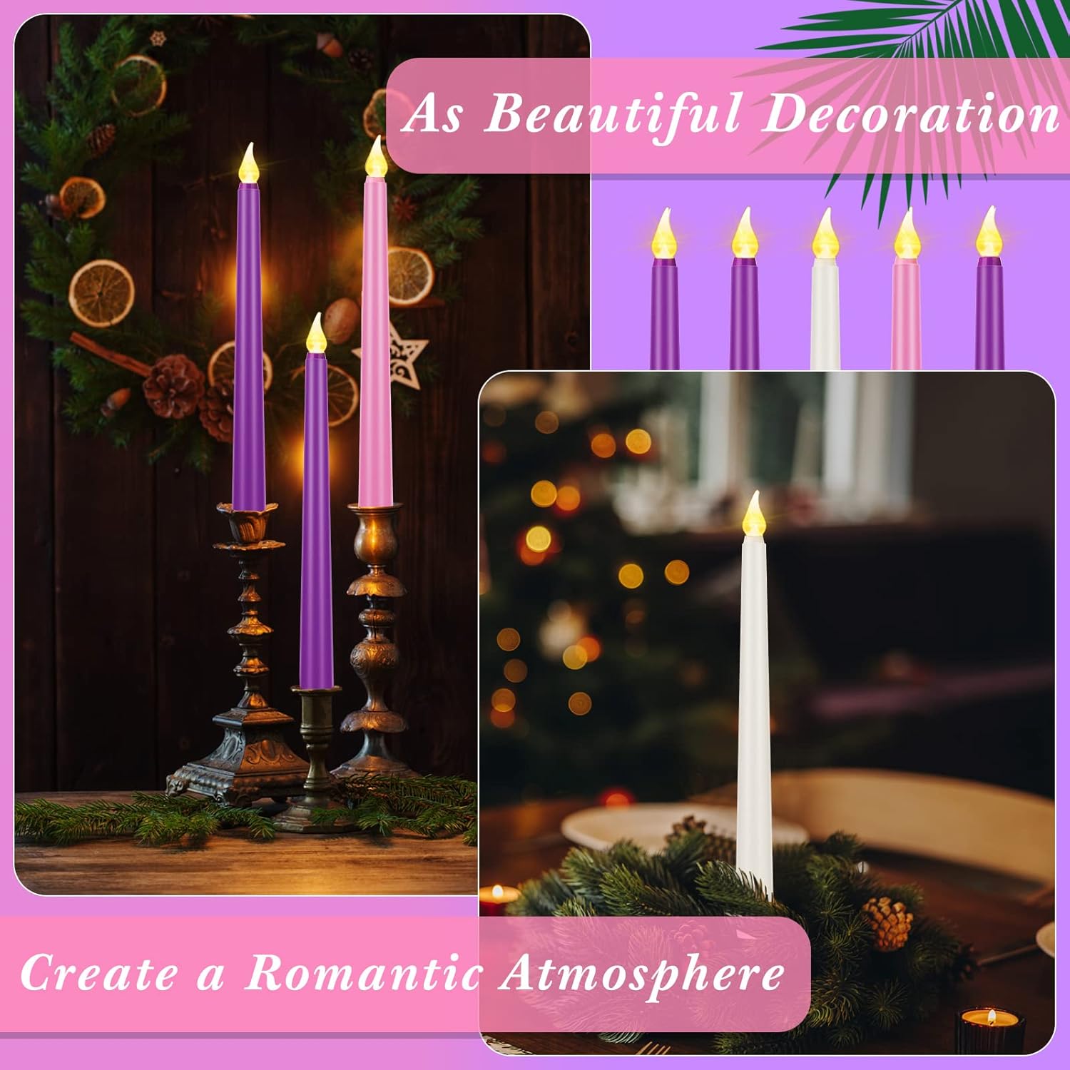 5 velas de adviento sin llama, velas de Adviento LED para Navidad, rituales de Adviento festivos, iglesia, celebración, decoración del hogar (estilo