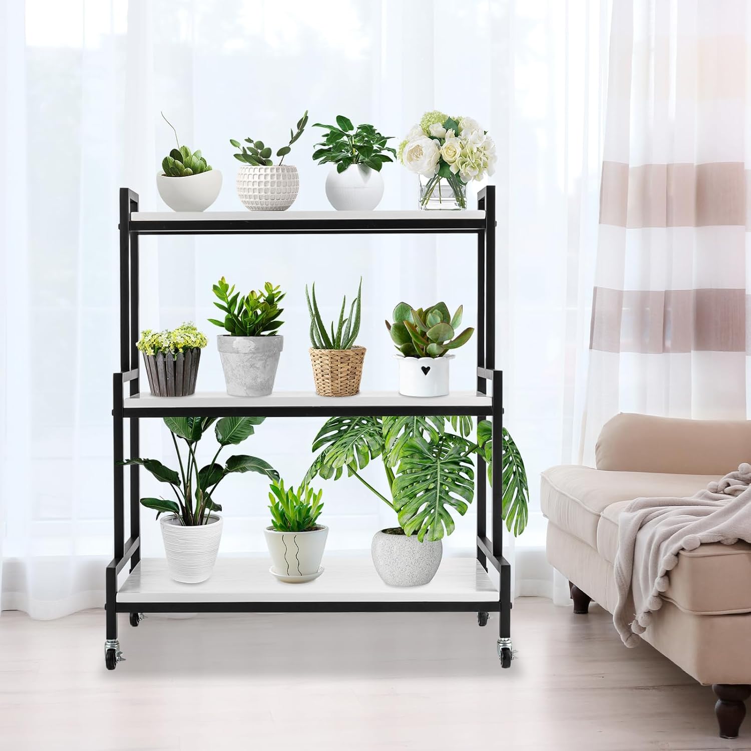 Soporte para plantas de 3 niveles para interiores y exteriores, soporte rústico para macetas con ruedas, estante de exhibición de plantas de madera