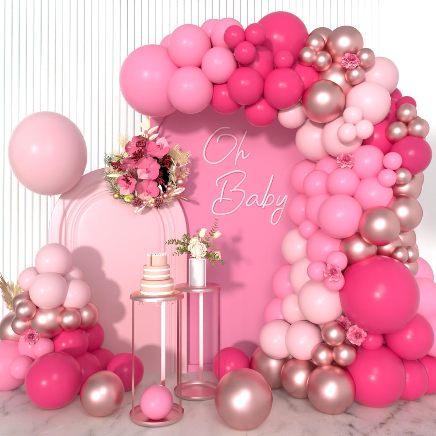 Kit de guirnalda de arco de globos rosados, 164 globos cromados de oro rosa intenso para bodas, fiestas, temática de princesa, cumpleaños, despedida