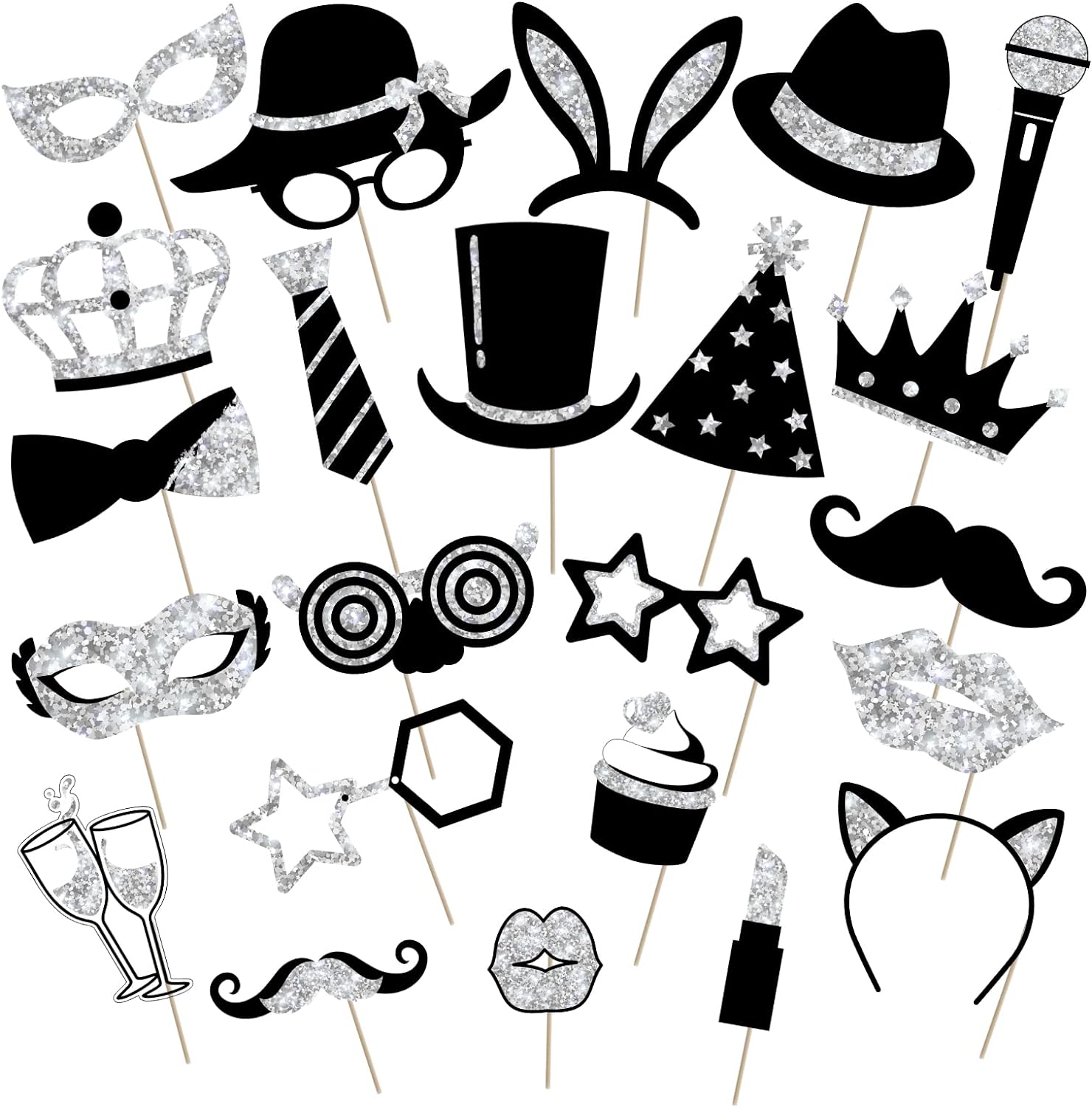 24 piezas de accesorios para cabina de fotos para cumpleaños, bodas, graduación, Año Nuevo, suministros de fiesta, mezcla de sombreros, lápiz
