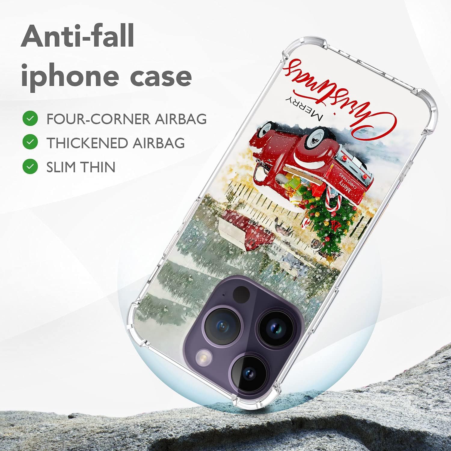 Funda transparente compatible con iPhone 14 Pro Max, diseño de camión rojo de árbol de Navidad, diseñada para mujeres, niñas, adolescentes, cuatro