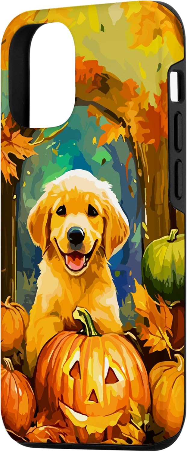 iPhone 1212 Pro Cute Golden Retriever Otoño Calabaza Otoño Hojas Halloween Caso