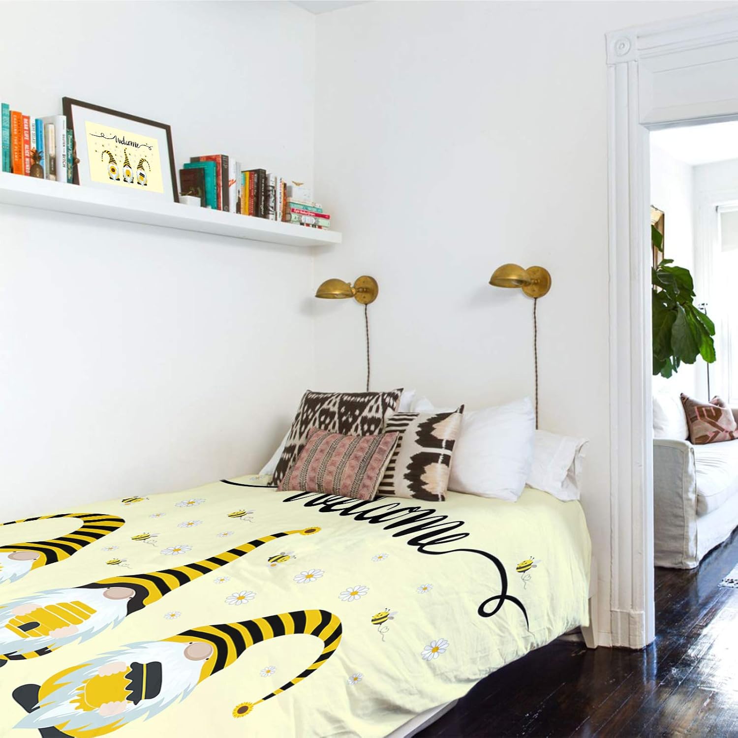 Tapiz para colgar en la pared, gnomos de abeja, tapices con girasol, tapiz estético de margaritas blancas y amarillas para dormitorio, sala de