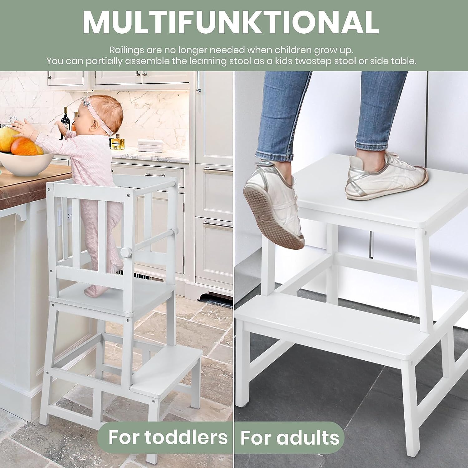 COSYLAND Taburete de cocina para niños con guantes, barandilla de seguridad extraíble anticaída, alfombrilla antideslizante para pie, taburete de