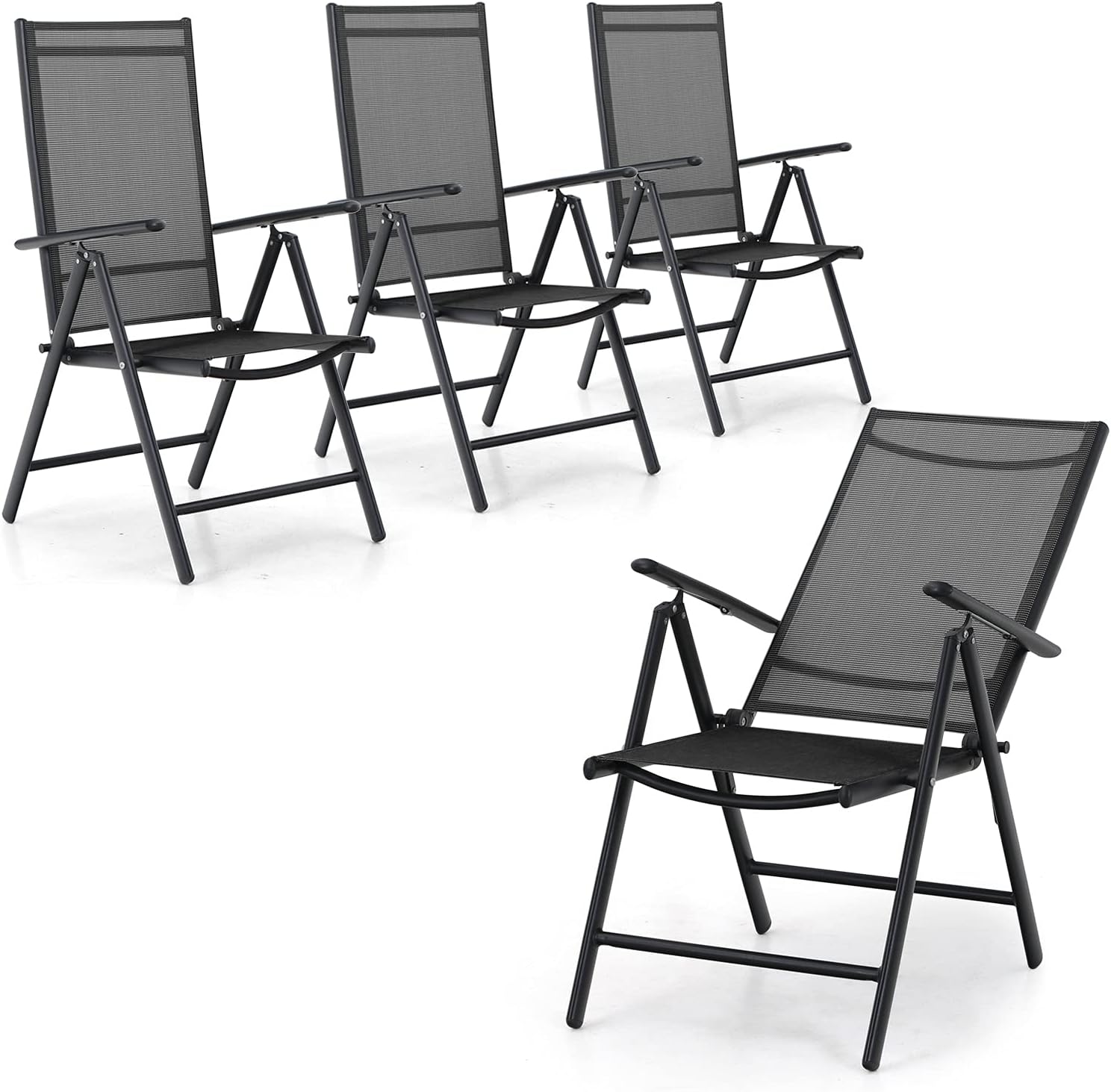 PHI VILLA Juego de 4 sillas plegables de comedor para patio, sillas reclinables y portátiles ajustables para patio, sillas reclinables de aluminio