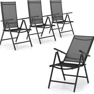 PHI VILLA Juego de 4 sillas plegables de comedor para patio, sillas reclinables y portátiles ajustables para patio, sillas reclinables de aluminio PHI VILLA Juego de 4 sillas plegables de comedor para patio, sillas reclinables y portátiles ajustables para patio, sillas reclinables de aluminio