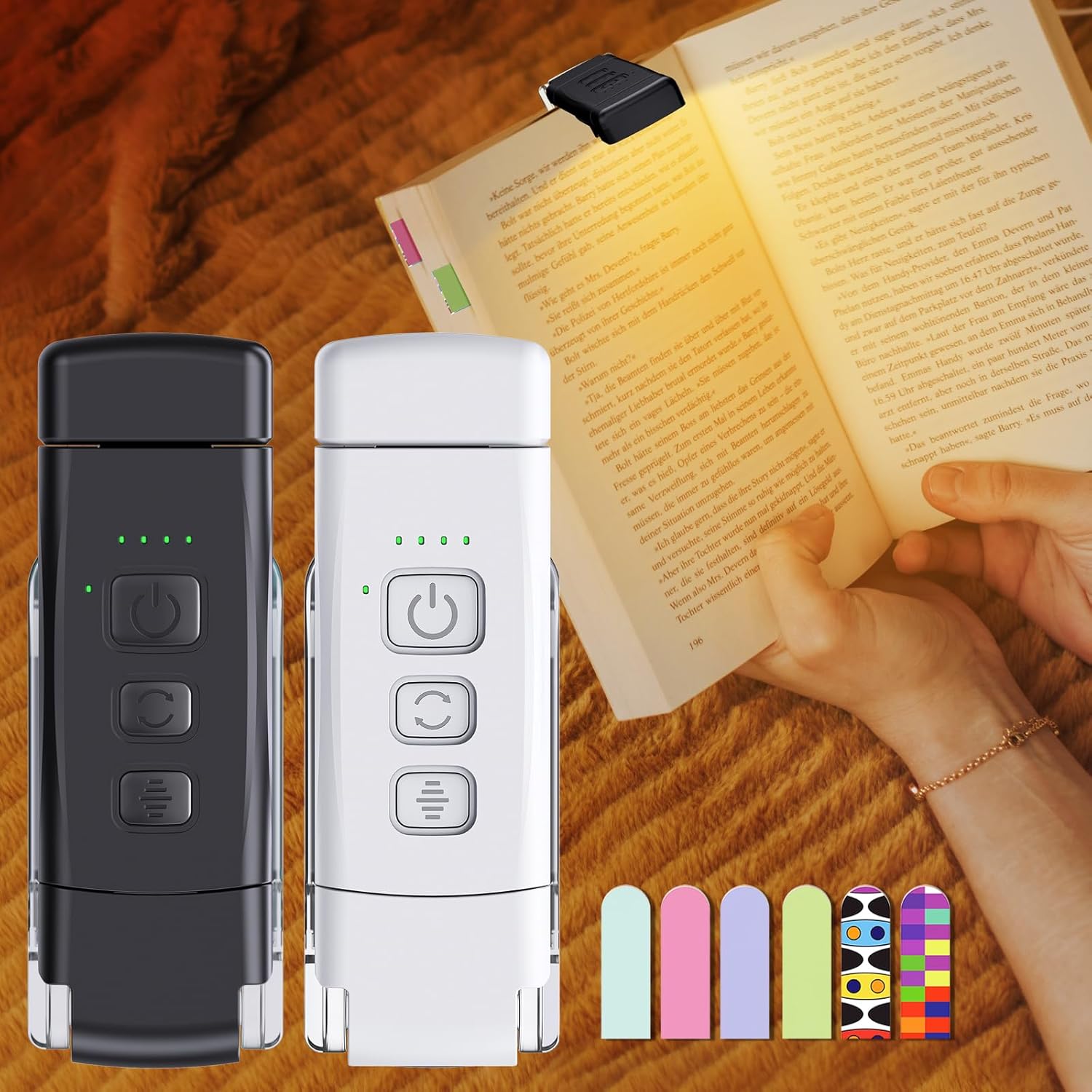 Paquete de 2 luces de lectura con 6 marcapáginas, luz recargable para leer por la noche en la cama, con 3 colores y 5 brillo ajustable para cuidado