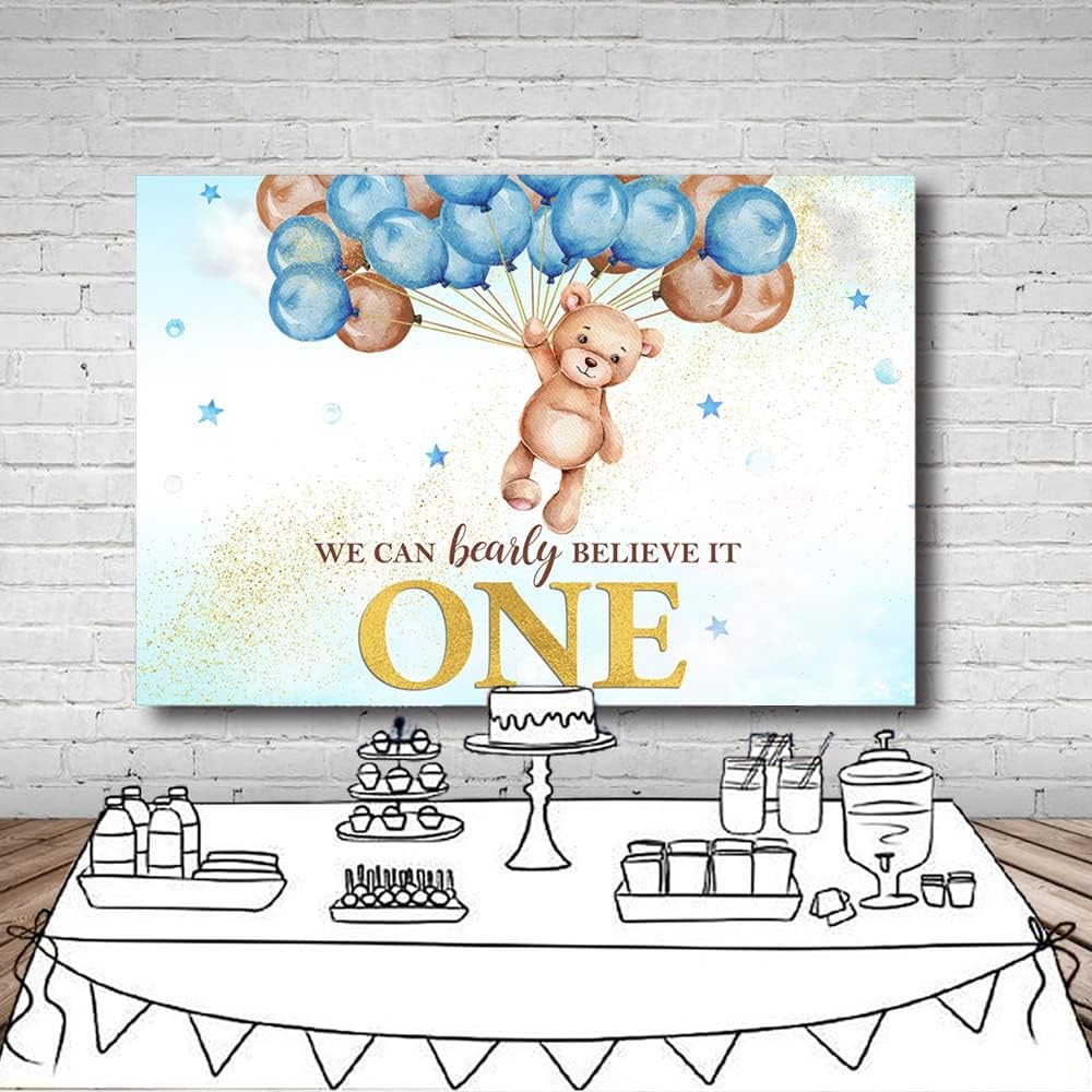 MEHOFOND Telón de fondo de oso de primer cumpleaños para niños, con texto en inglés We Can Bearly Believe It One Happy First Birthday, decoración de