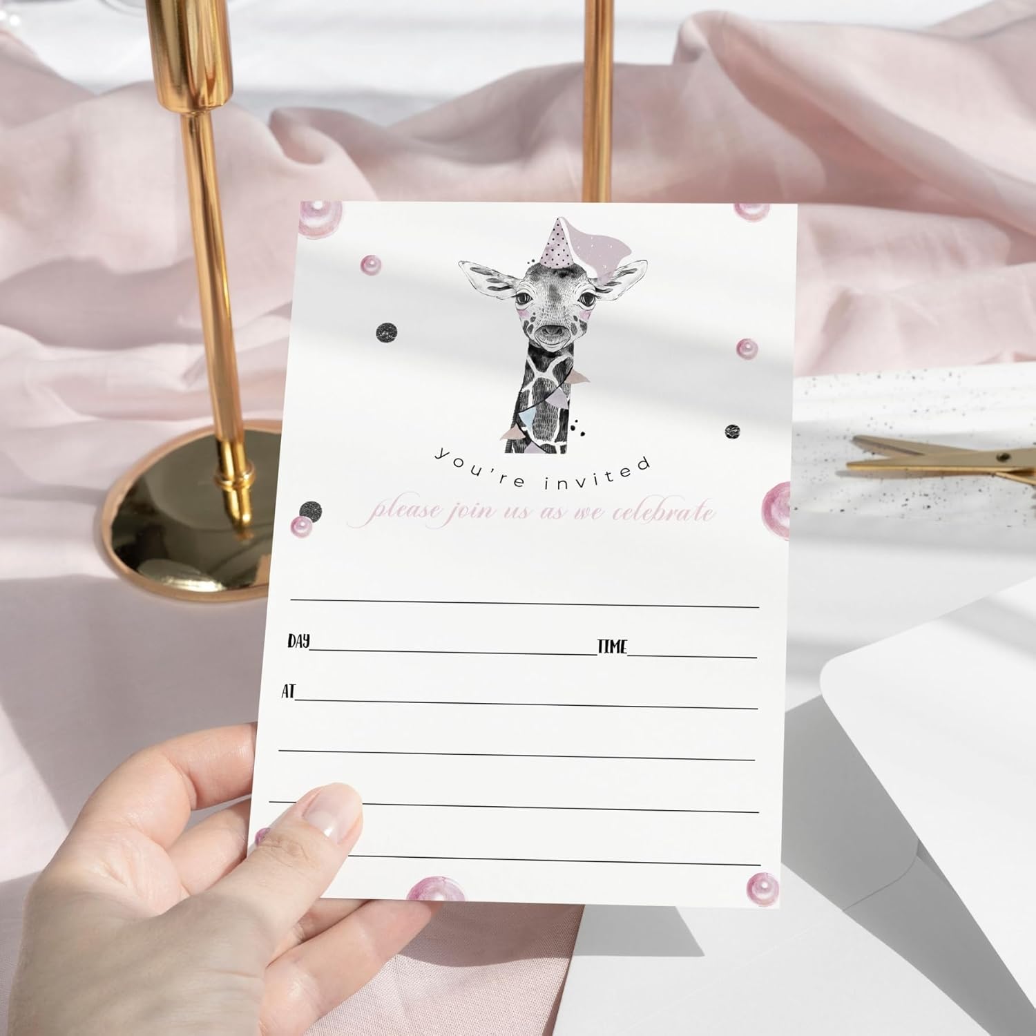 Invitación de fiesta de jirafa rosa para niñas (paquete de 25) invitaciones de cumpleaños en blanco con sobres para niños, baby shower, espolvorear