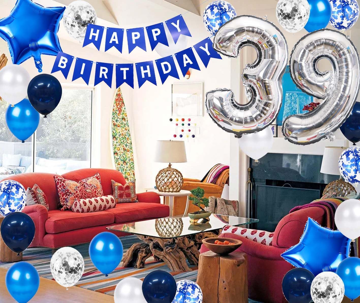 Decoración de fiesta de cumpleaños número 39, globos de látex de papel de aluminio con estrella de cumpleaños número 39, globos de látex de confeti