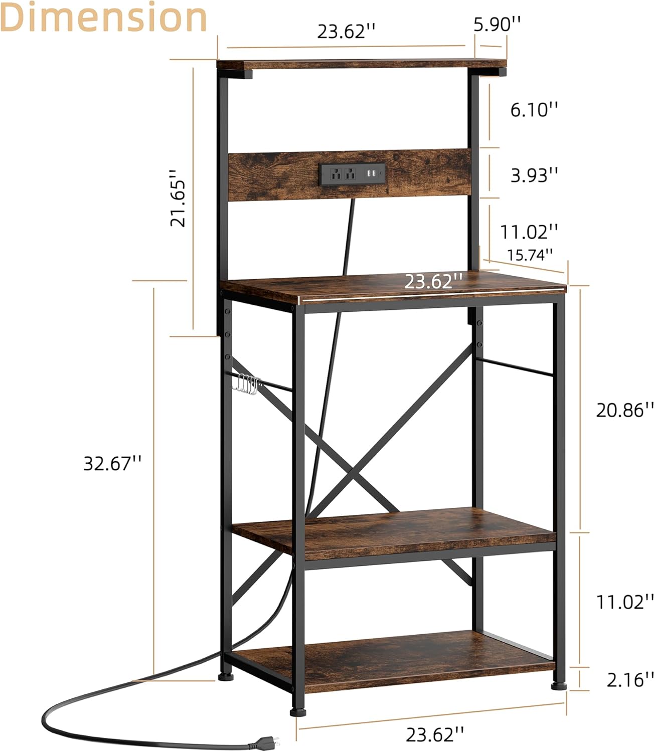 JAMFLY Estante para hornear de cocina con toma de corriente, soporte para microondas con 6 ganchos en forma de S, barra de café de 4 niveles para
