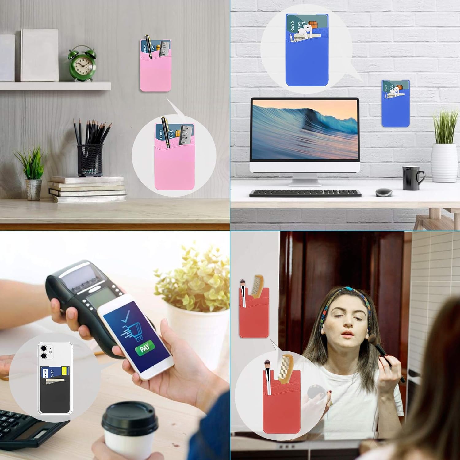 SS Tarjetero para funda de teléfono, cartera de teléfono adhesivo de silicona para teléfono celular, adecuado para iPhone, Samsung Galaxy y