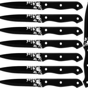 Stapava Juego de 8 cuchillos para carne, acero inoxidable, color negro, afilado, dentado, mate, con patrón láser, para cocina, restaurante, picnic, Stapava Juego de 8 cuchillos para carne, acero inoxidable, color negro, afilado, dentado, mate, con patrón láser, para cocina, restaurante, picnic,