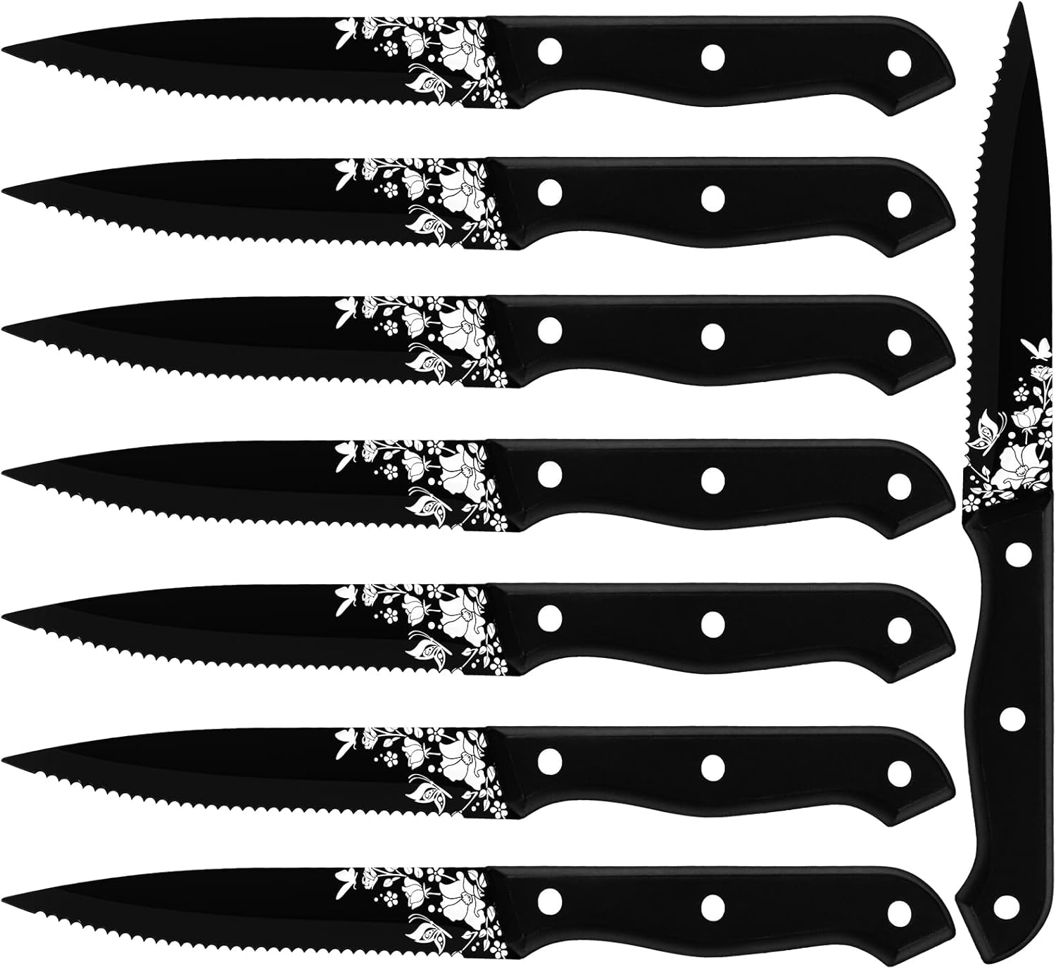 Stapava Juego de 8 cuchillos para carne, acero inoxidable, color negro, afilado, dentado, mate, con patrón láser, para cocina, restaurante, picnic,
