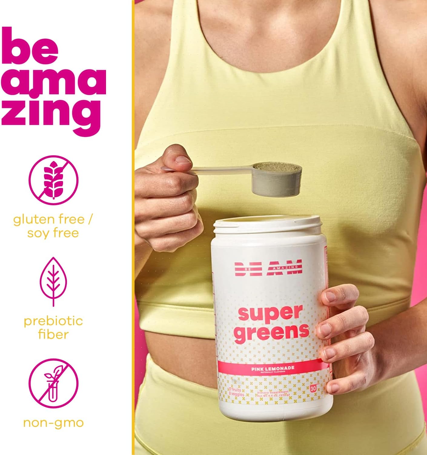 BEAM be Amazing Super Greens – Polvo con prebióticos, enzimas digestivas y antioxidantes  Suplementos energéticos, 18 frutas y 8 verduras  Mezcla de