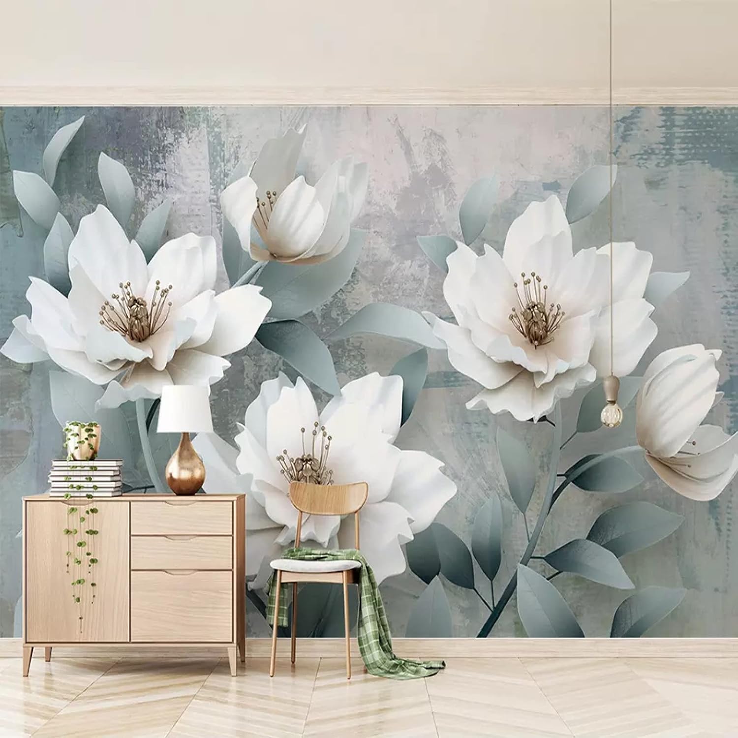Mural de pared retro de magnolia blanca 3D, papel tapiz autoadhesivo autoadhesivo extraíble para decoración del hogar, fondo grande, pintura de