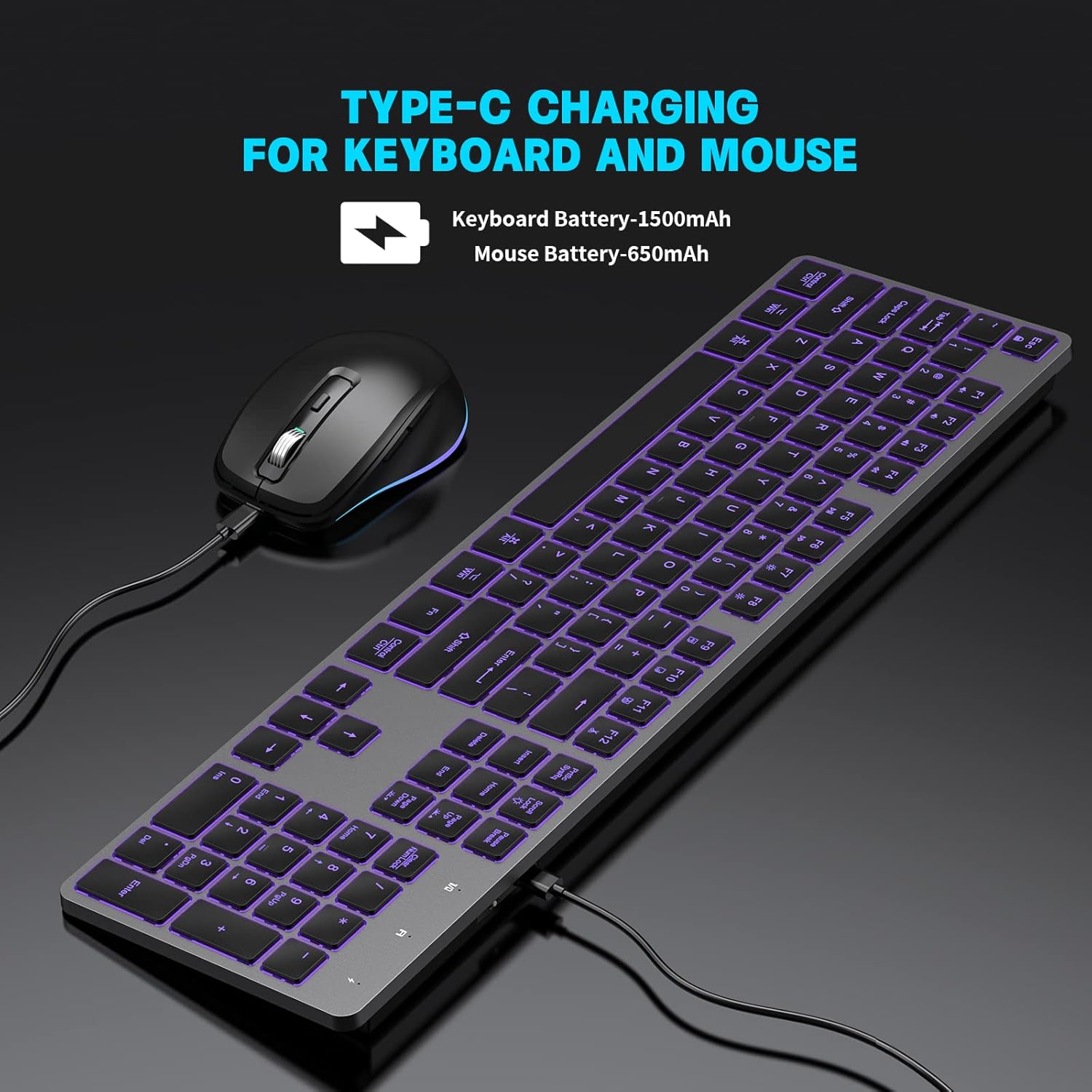 Teclado y mouse inalámbricos, combo de teclado inalámbrico recargable, Jiggle Mouse delgado, tamaño completo, silencioso, 7 colores, retroiluminado,