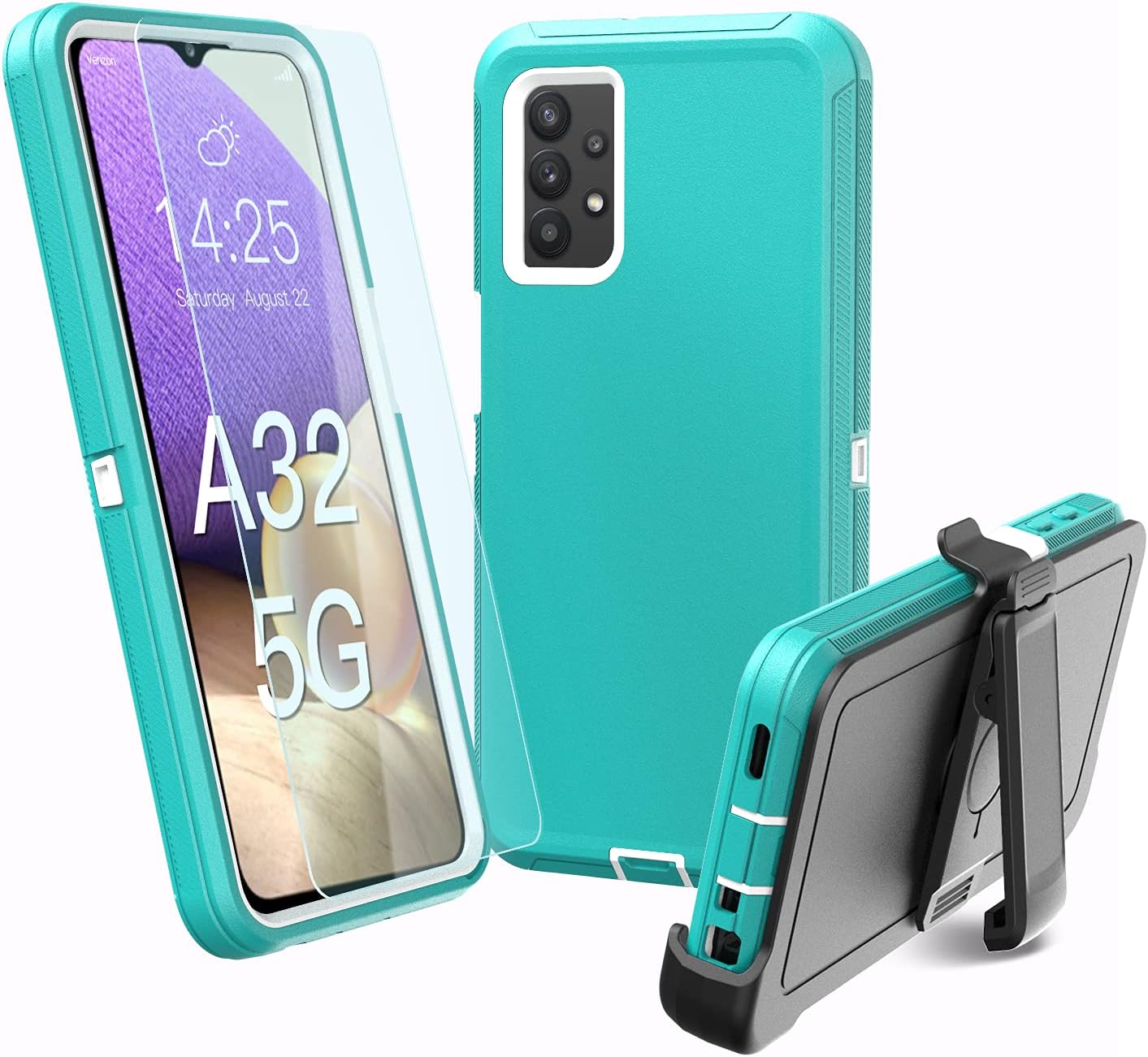 Funda para Galaxy A32 5G, resistente no compatible con 4G, con clip, a prueba de golpes a prueba de caídas a prueba de polvo (verde azulado-blanco)
